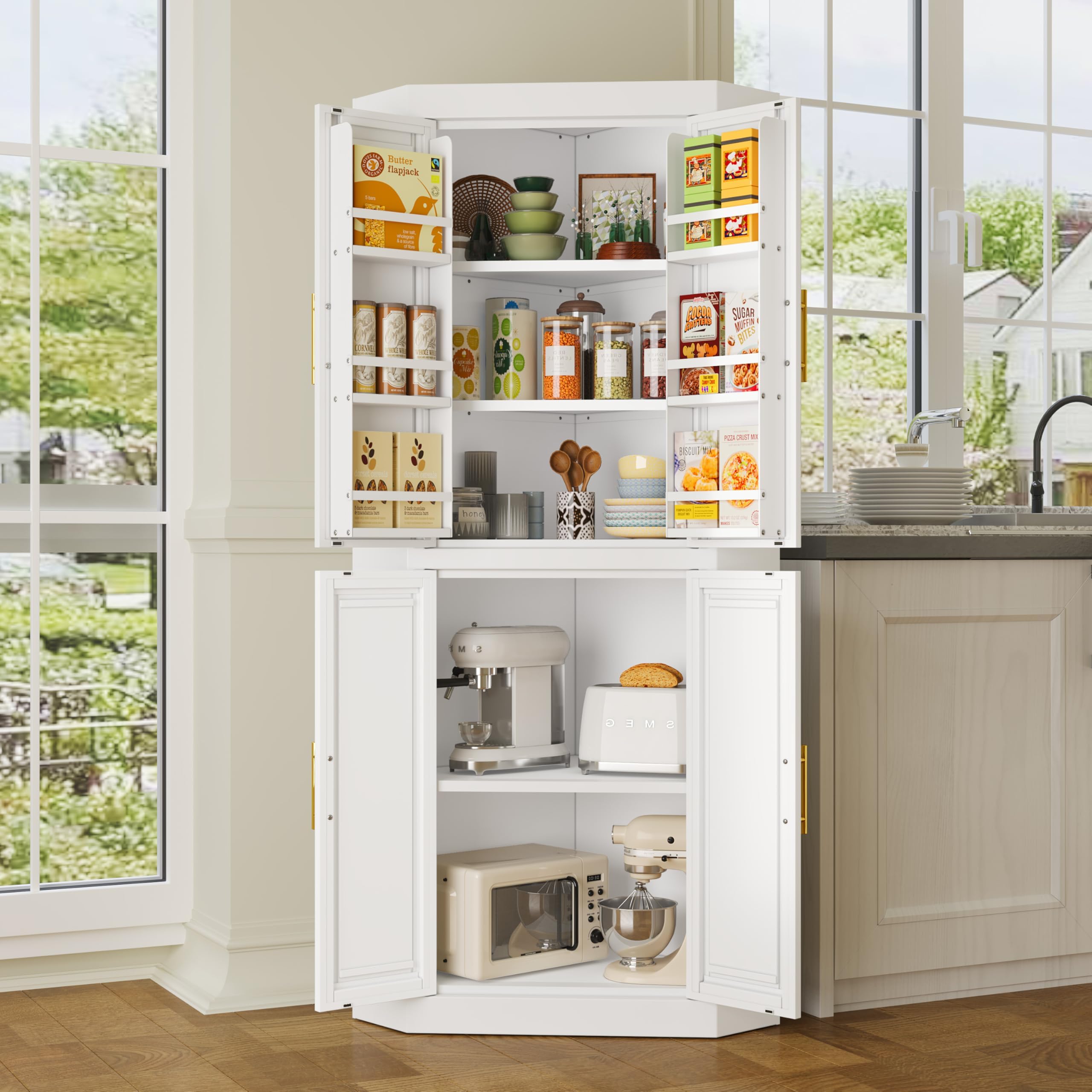 GAIOUS 63" Metal Corner Kitchen Pantry Cabinet, Kitchen Food Cabinets White