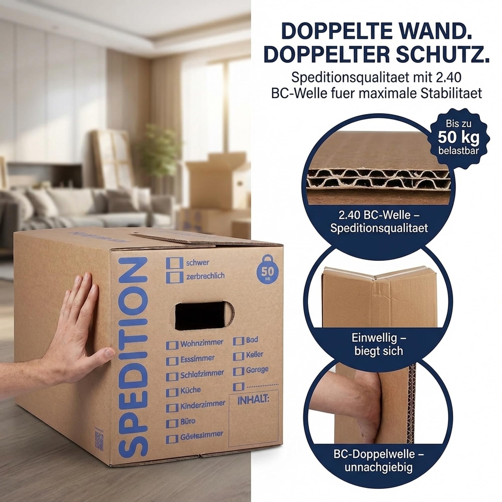 KK Verpackungen® Umzugskartons mit 50KG Tragkraft | 10 Stück, 2-wellige Mehrweg-Umzugskisten in extrastabiler Speditionsqualität