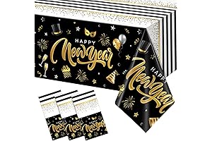 3-Piece Black and Gold Disposable Happy New Year Tablecloths