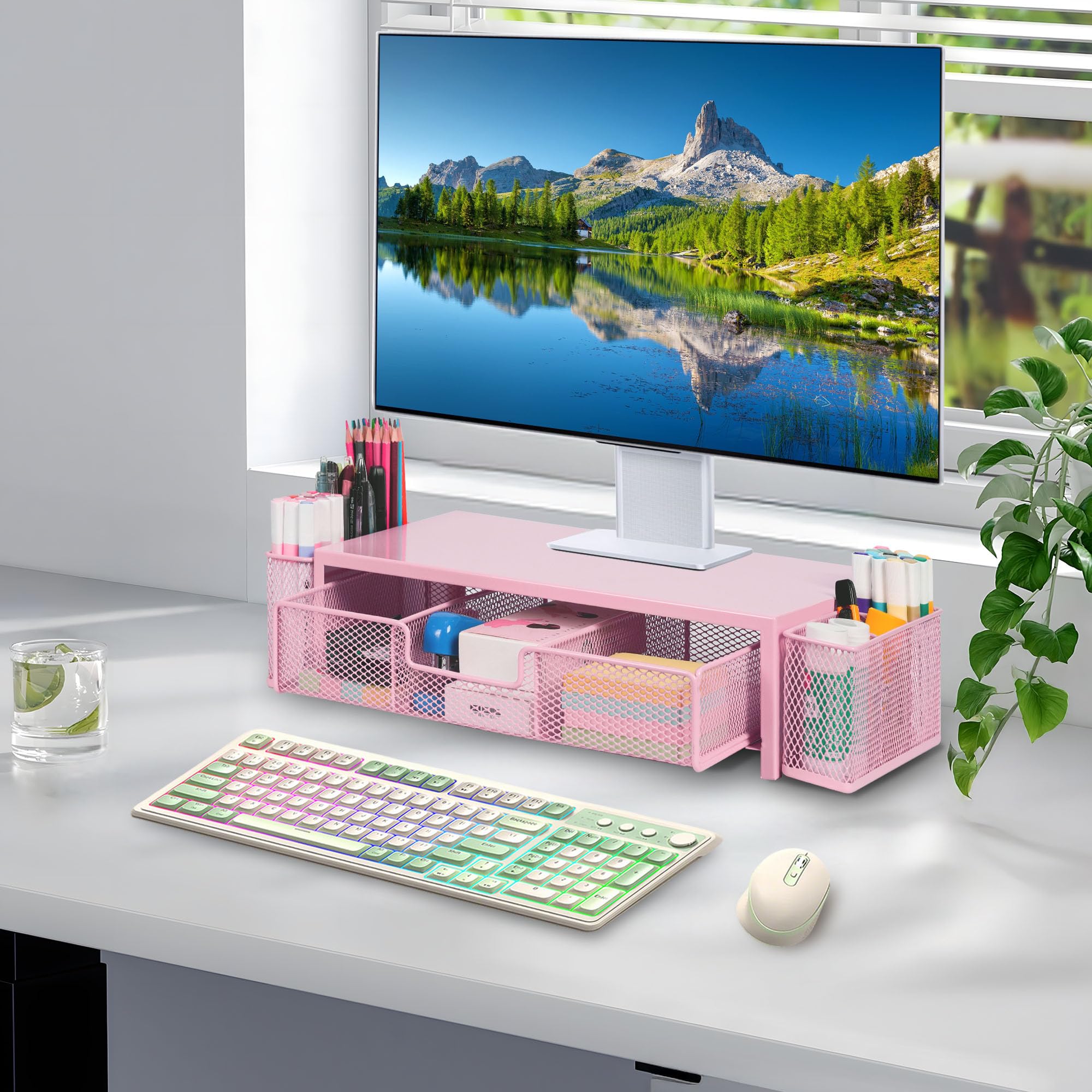 Qupui Supporto per monitor del computer con cassetto e portapenne, organizer da scrivania e accessori, accessori da scrivania per ufficio, organizzazione ufficio, rosa