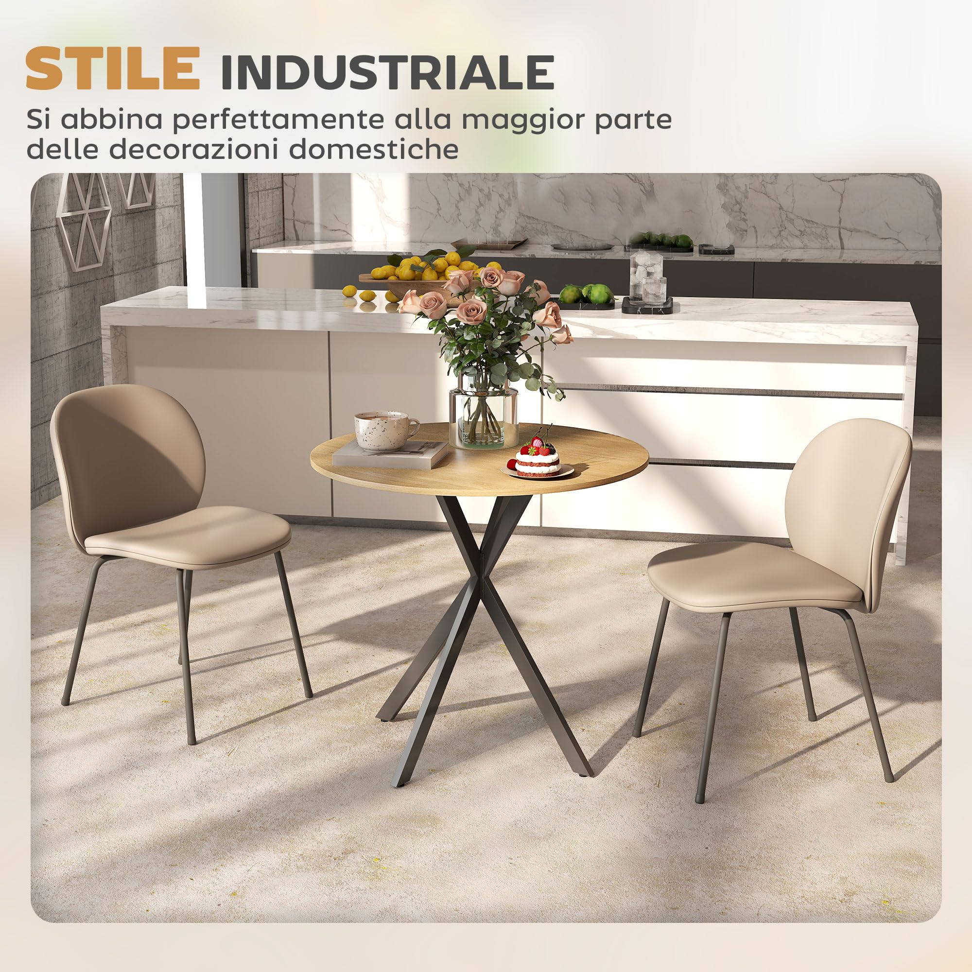 HOMCOM Tavolo da Pranzo Rotondo Ø80 cm, Piano Effetto Legno, Rovere | Tavolo da Cucina per 2-4 Persone, Gambe a Croce in Acciaio, Tavolino da Soggiorno e Sala da Pranzo, Stile Industriale