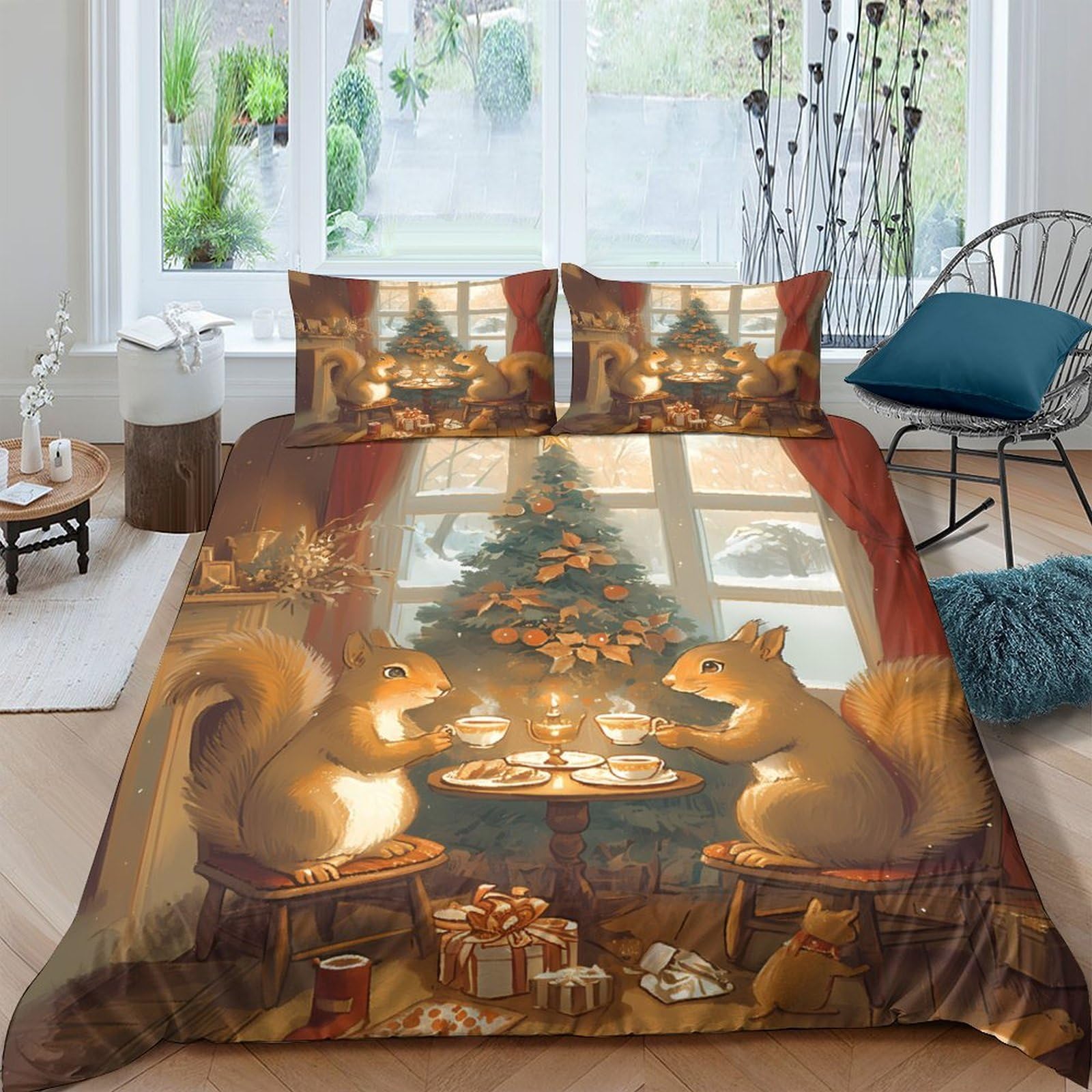 Ctjqhvkz Style-4 3D Printed Squirrel Christmas Tree Fitted Sheet Microfiber Soft Non Slip Bed Cover For Bedroom Guestroom Decor Single（135X200cm）