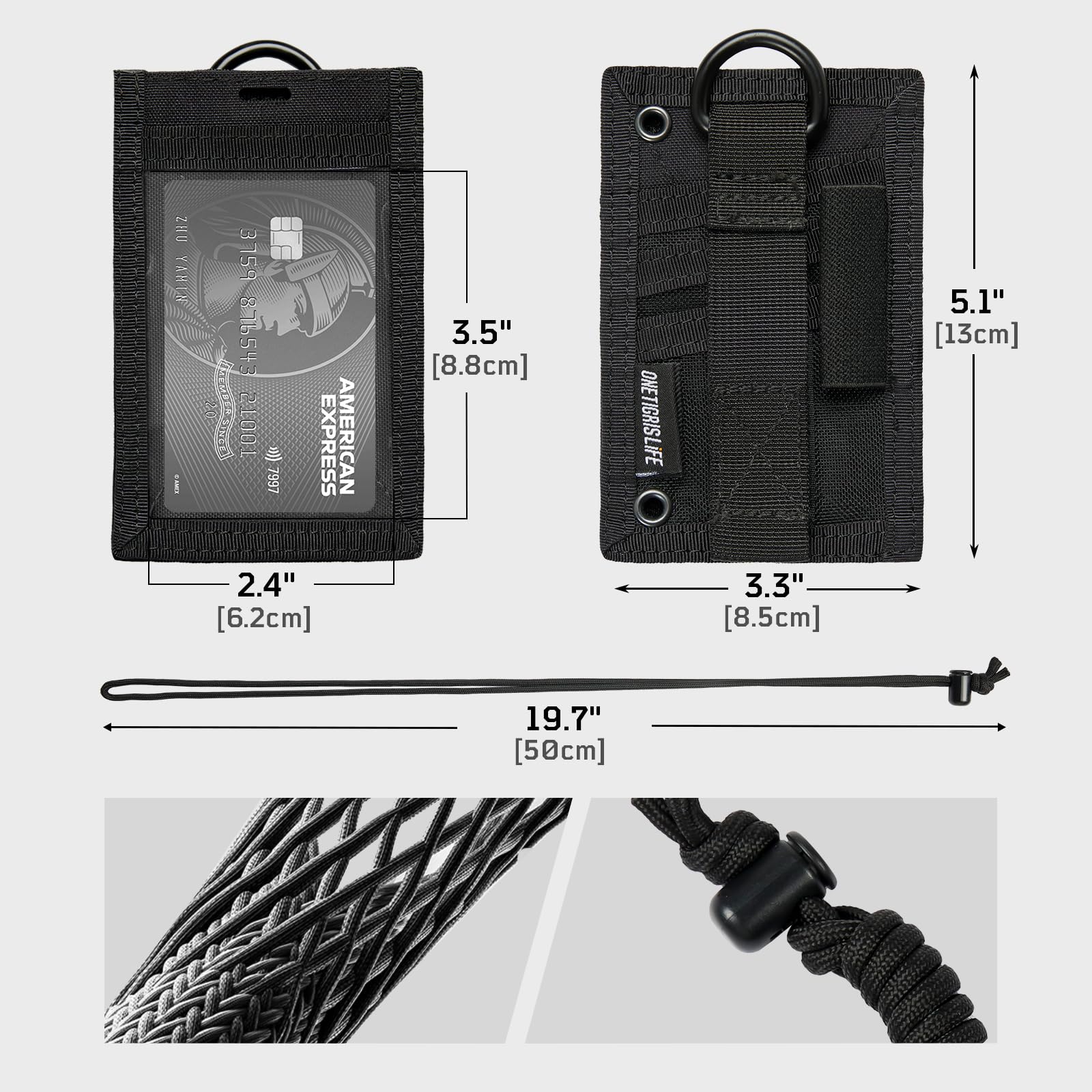 OneTigris Porta badge tattico con gancio e anello per badge da collo, portachiavi e organizer per carte di credito