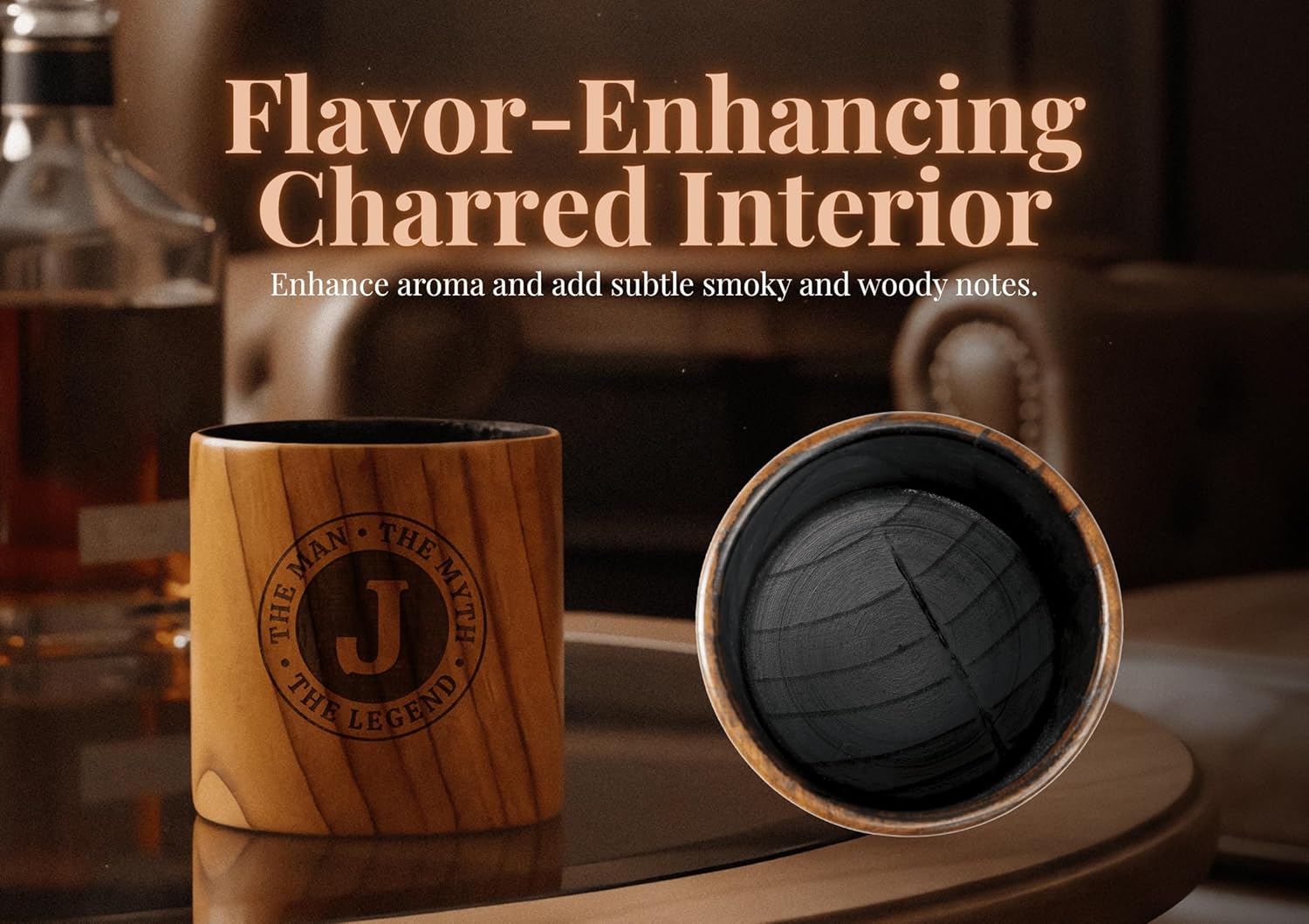 Onebttl Personalized Charred Wooden Whiskey Glasses for Men, Bourbon Drinking Glass, Birthday, Christmas Gifts for Him, the Man the Myth the Legend, A - Image 4