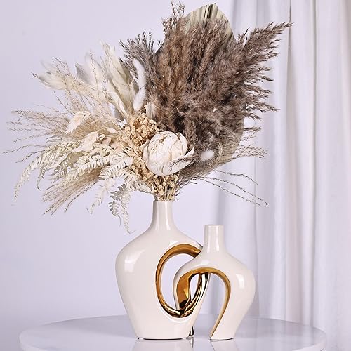 Juego de 2 jarrones de cerámica color beige y blanco dorado, diseño minimalista nórdico bohemio para decoración del hogar, estilo moderno en forma