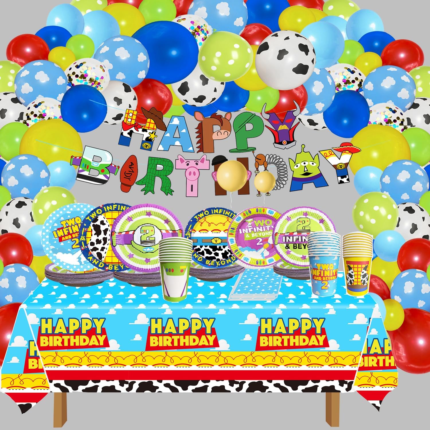 2 Infinity & inspired Two Beyond Birthday Decorations 133pcs Cartoon Story Birthday Party Supplies include Plates Napkins Cups Tablecloth and Banner for Boys Girls 2nd Bday Decor Serve 30