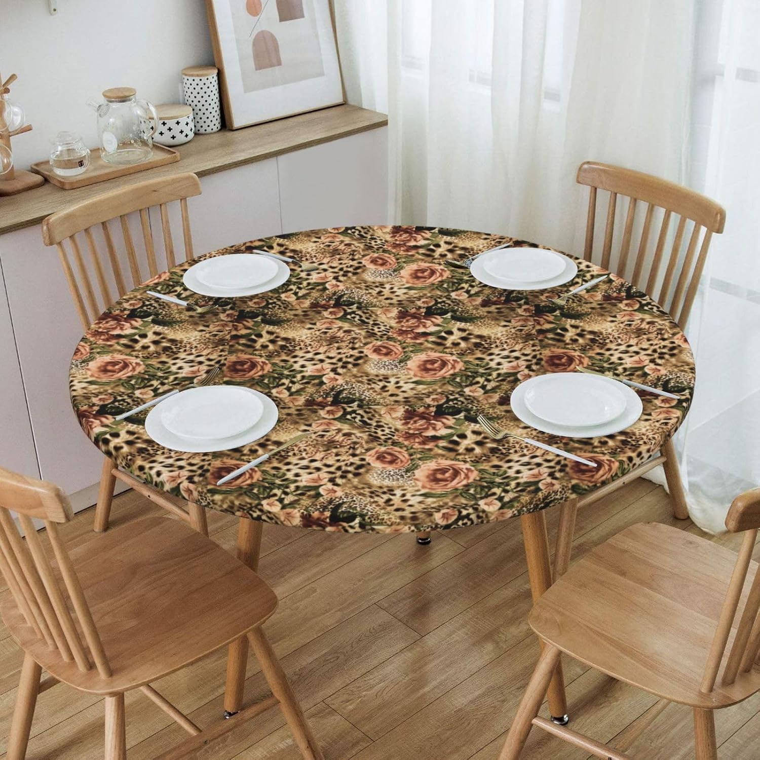 Striped Leopard Print Outdoor Patio Kitchen Decor Supplies Wipeable Round Table Cloth for Indoor Outdoor