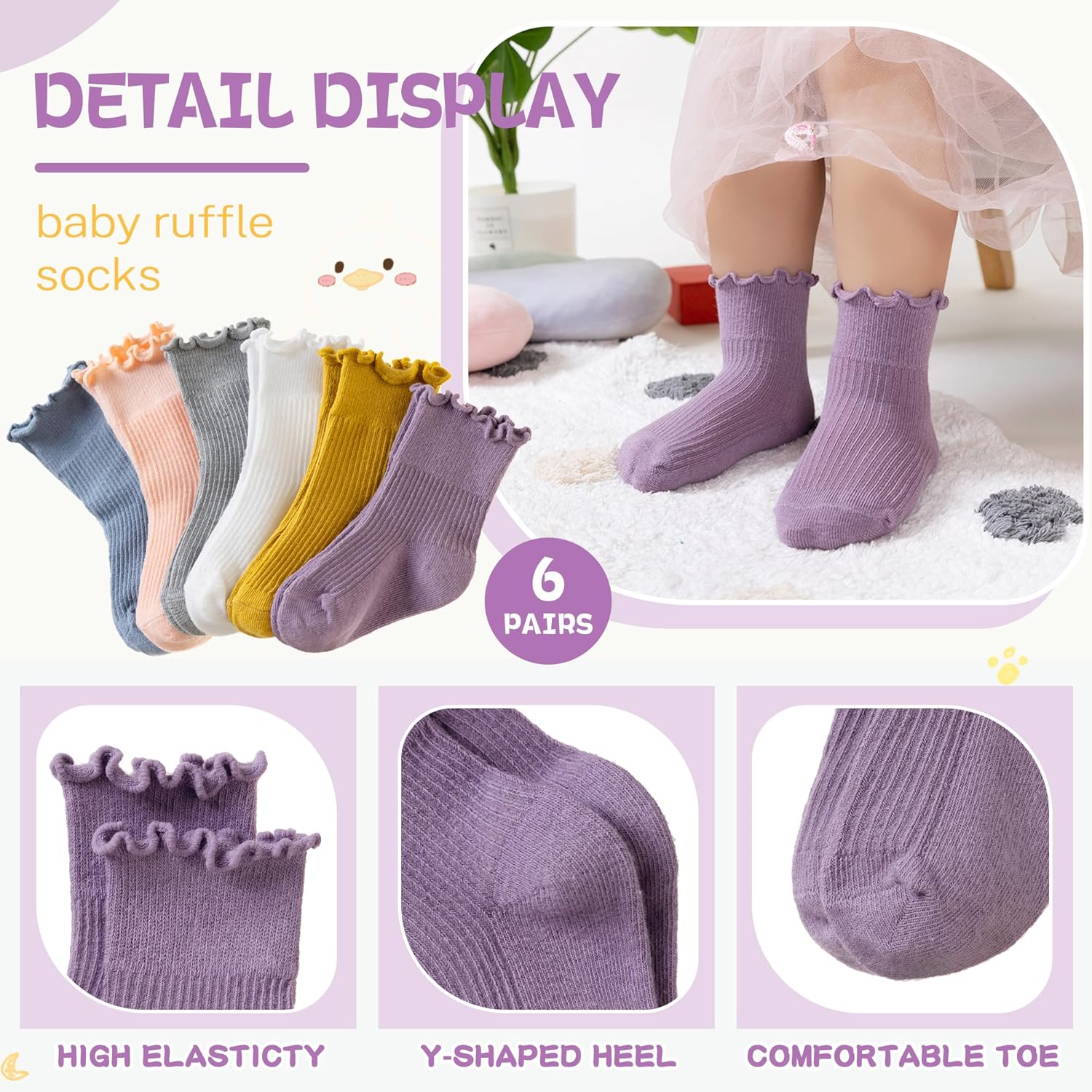 Velice Baby Girls Ruffle Socks Infant Toddler Girls Frilly Dress Cute Crew Socks 6 Pairs - Image 3