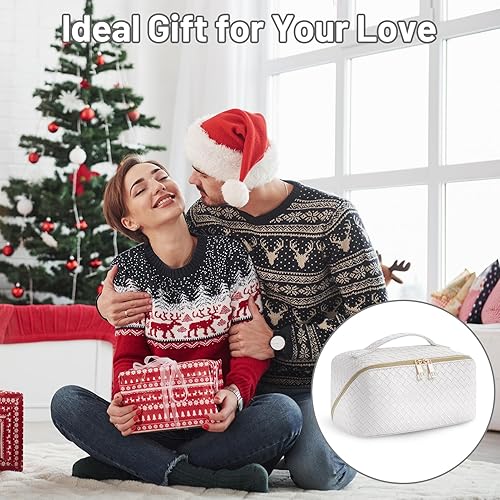 Miniatura 9 de Bolsa de maquillaje  Bolsa de cosméticos de viaje de gran capacidad, portátil de cuero impermeable, bolsa de maquillaje de viaje para mujer, con asa