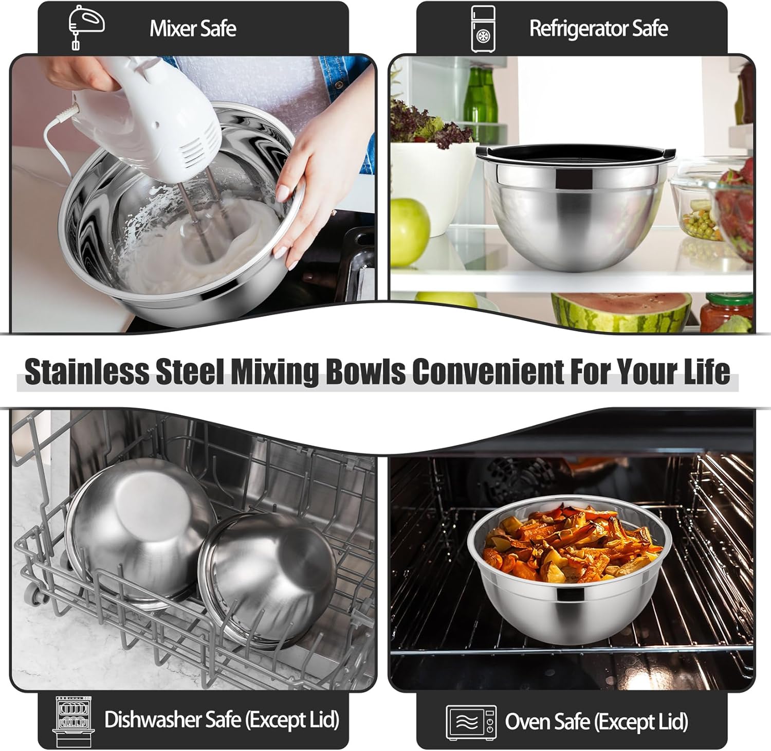 P&P CHEF Black Mixing Bowls with Lids, Set of 3, Stainless Steel Salad Nesting Bowl for Mixing, Storing, Prepping, Airtight & Stackable, Size 4.6/3 /1.5 QT - Image 5