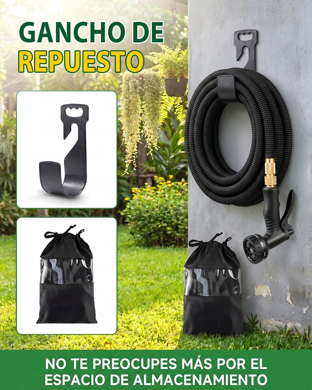 Manguera de Jardín Extensible 45m Extra Larga con Pistola 10 Modos, Manguera Flexible 45 Metros de Alto Rendimiento, Látex Reforzado y Tela Ultra Resistente, Conexiones de Latón para Áreas Grandes