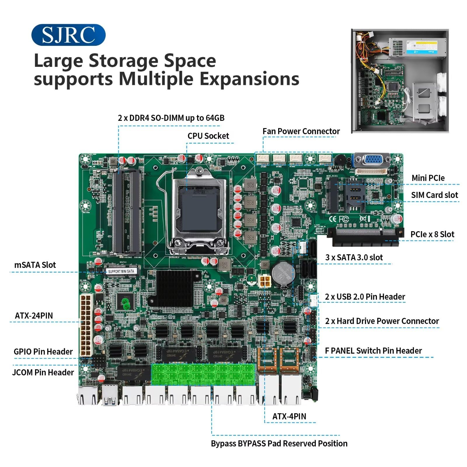 SJRC Pare-feu 19" Core i7 7700, LGA 1151, routeur PC 1U pour serveur VPN, rack 19" OPNsense Appliance avec 8 x i226V 2.5GbE LAN, DDR4 16 Go de RAM 256 Go SSD, VGA