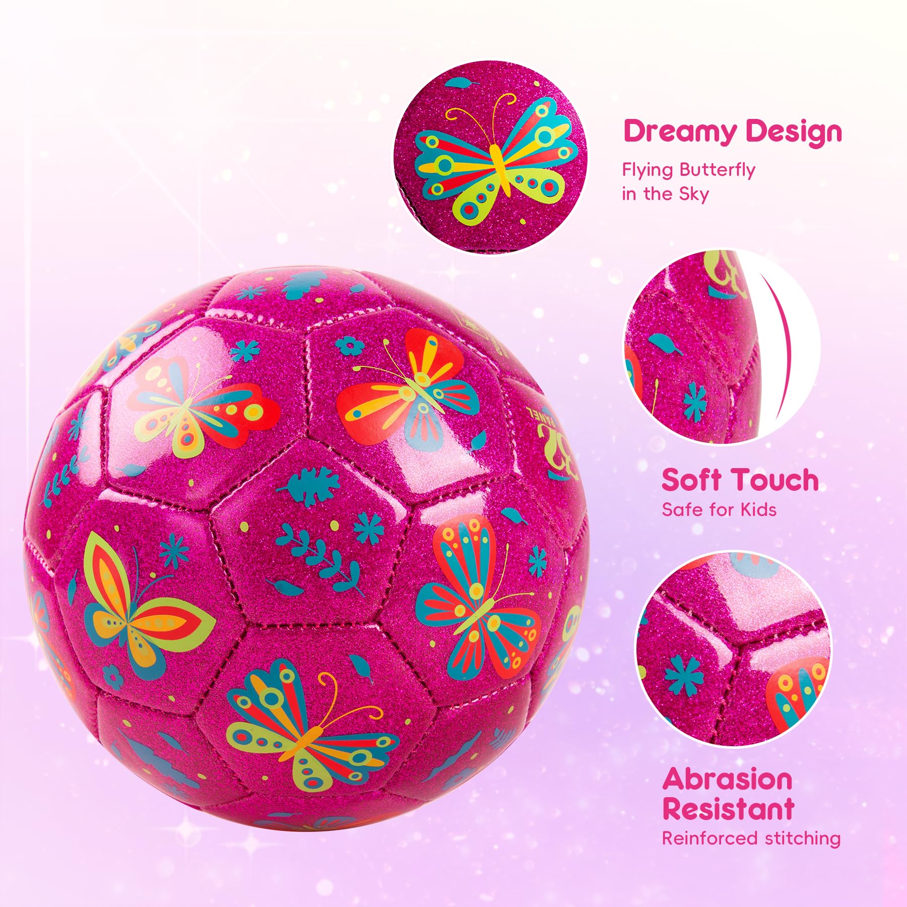 U&C Planet Size 3 Football for Kids Ages 3-8 with Pump & Mesh Bag, Sparkly Rose & Butterfly Design - Image 3