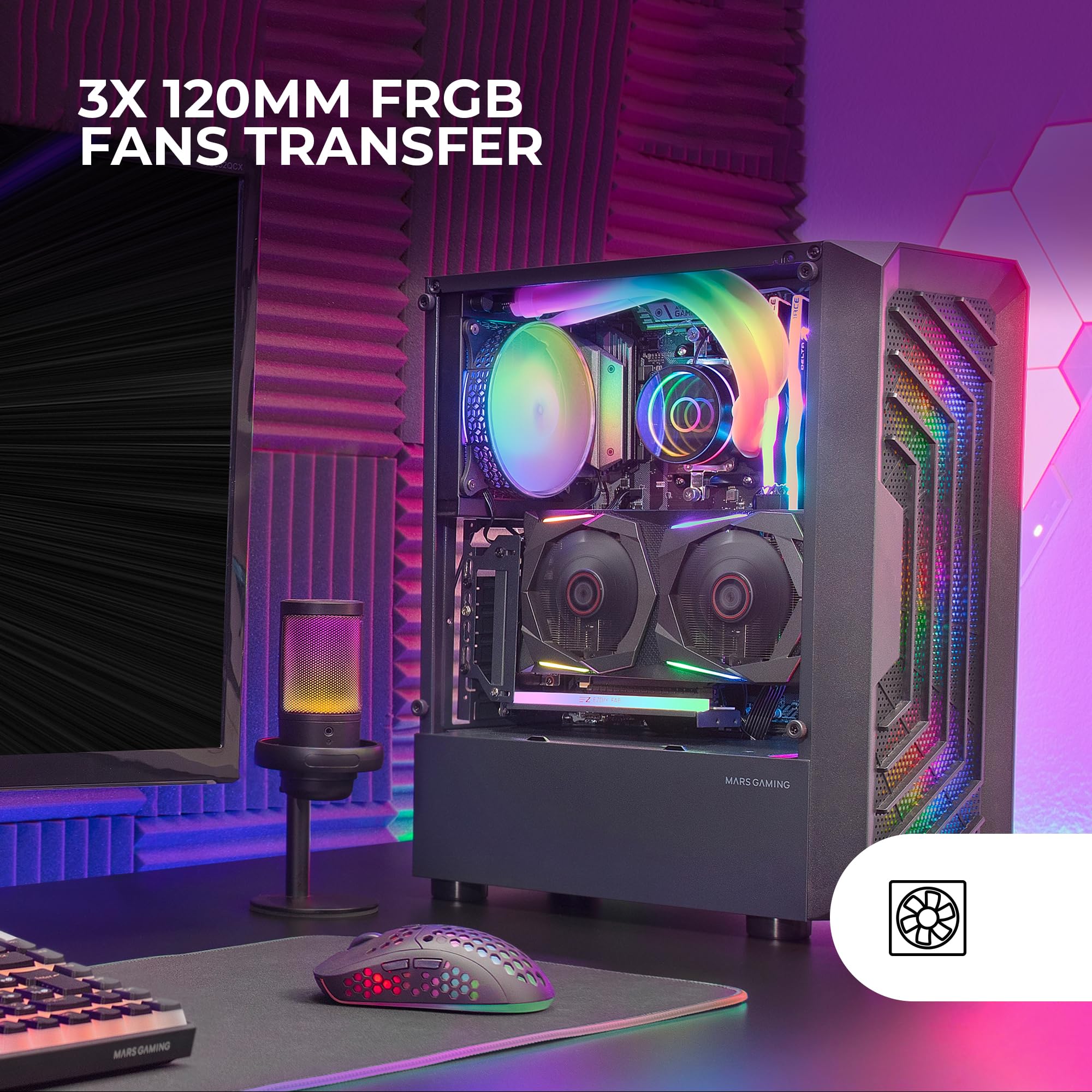 Mars Gaming MC-TOR, Case Semitower ATX Gaming, Finestra Laterale Completa, Design Mesh Frontale, 3x Ventole Frontale FRGB 120mm, Design a Doppia Camera, Nero