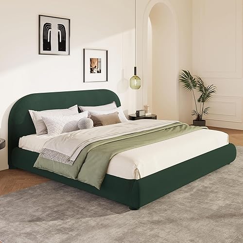Miniatura 12 de Cama de plataforma tapizada en forma de curva con cabecera curva, marco de cama de madera tamaño Queen para niños y adultos, muebles de dormitorio,