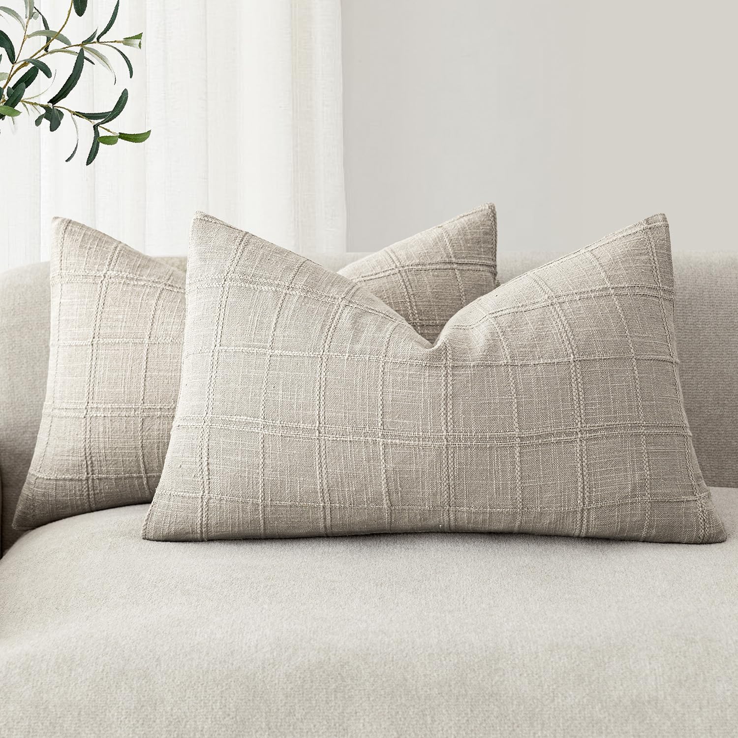 Foindtower Textured Linen Check Lumbar Throw Pillow Covers 12×20 Light Grey