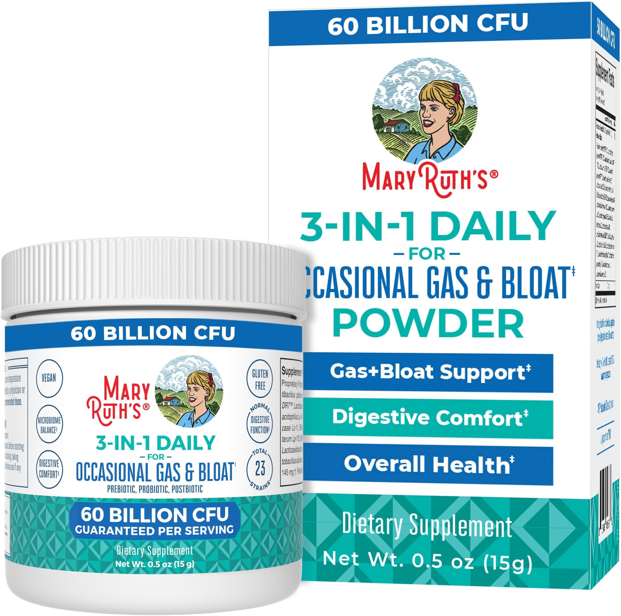 3-in-1 Gas & Bloat Probiotics | Probiotics for Normal Digestive Function | Probiotics for Women & Men | Prebiotics & Postbiotics | 60 Billion CFU | Shelf Stable | 0.5 oz