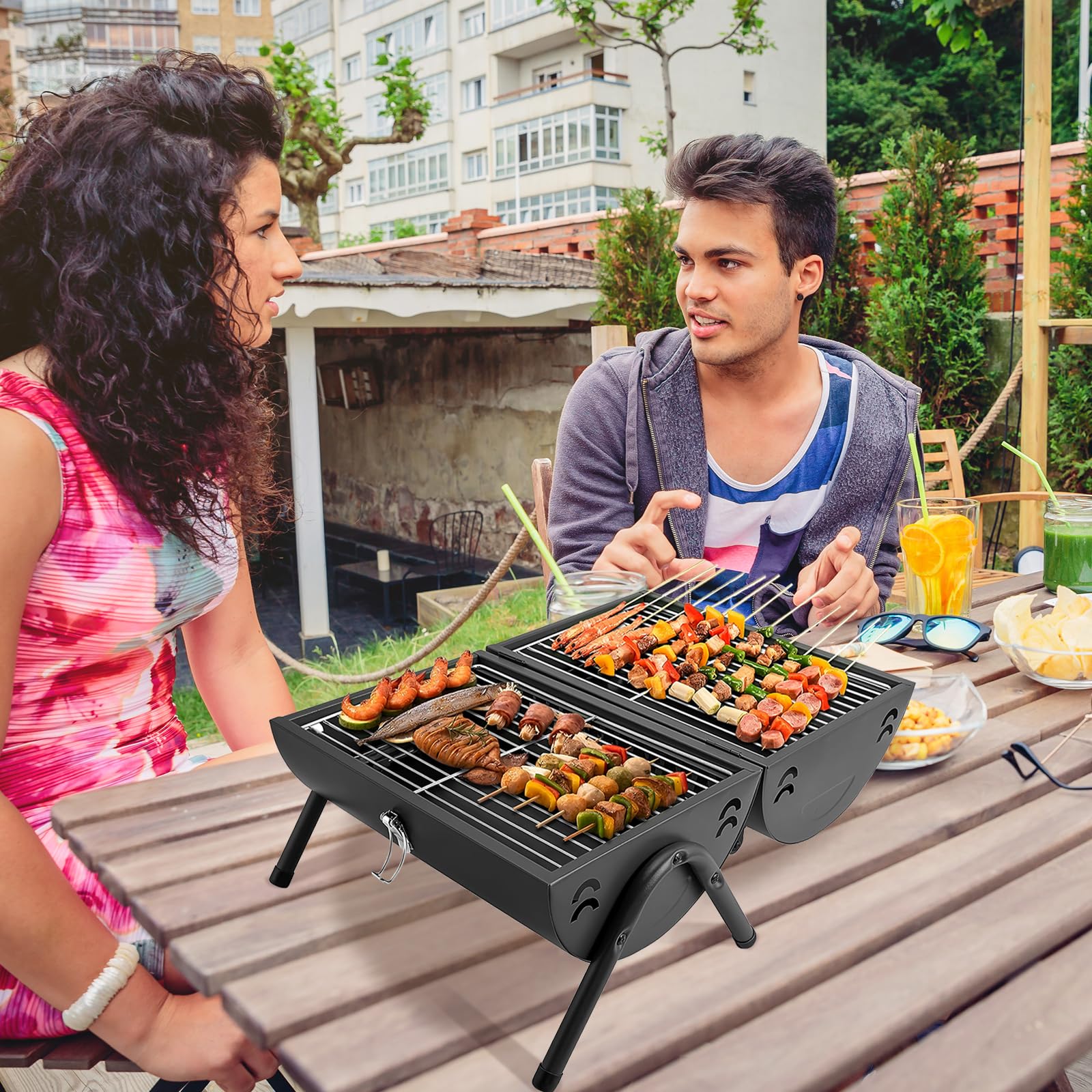 Barbecue portable au charbon de bois pliable double face pour l'extérieur et le jardin en plein air, camping, randonnée, pique-nique, noir