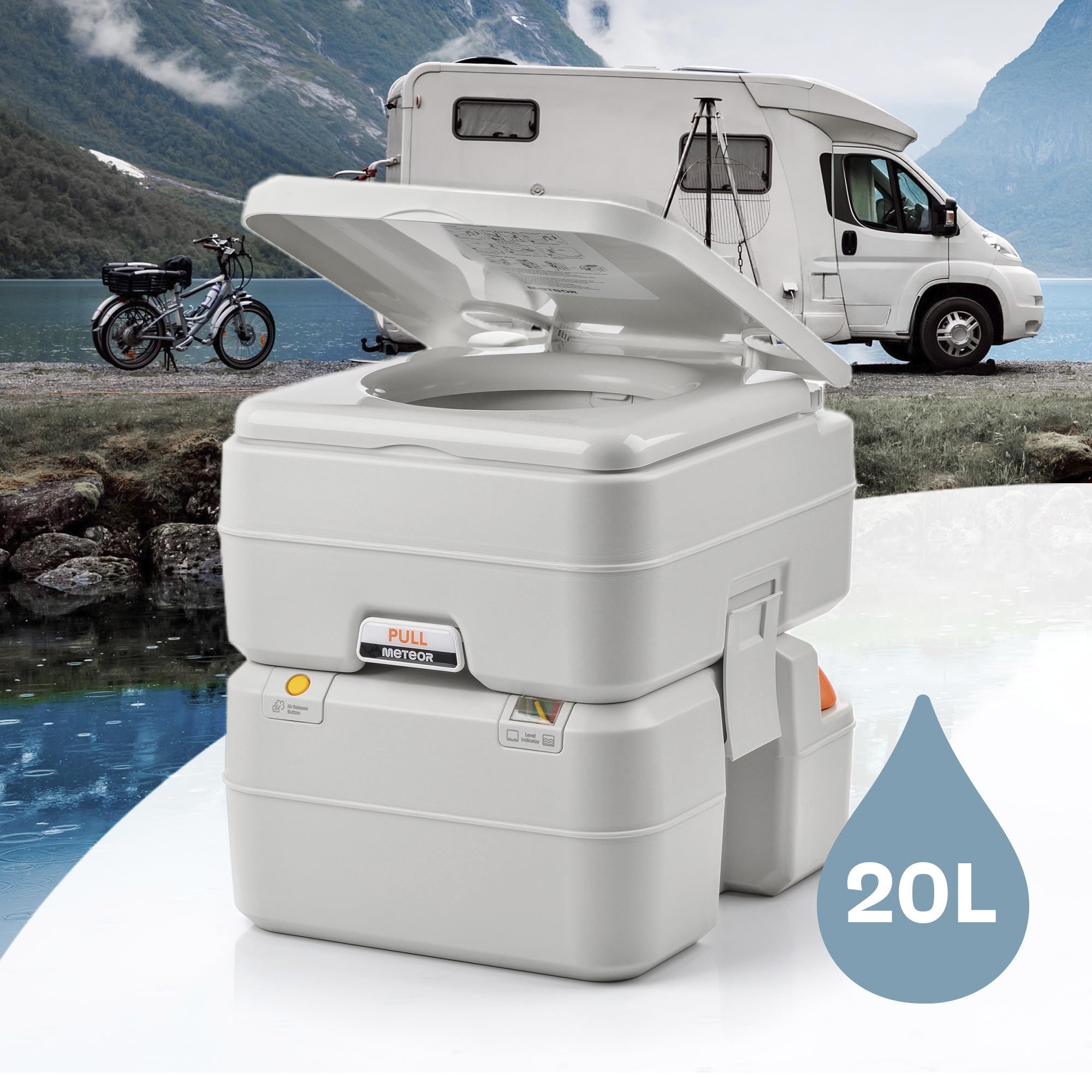 meteor Campingtoilette mit Wasserspülung Füllstandsanzeige Outdoor Tragbare Reisetoilette Mobiles WC Baustellen Robust Auslaufsicher bis 200kg Garten Camping Chemie-Toilette