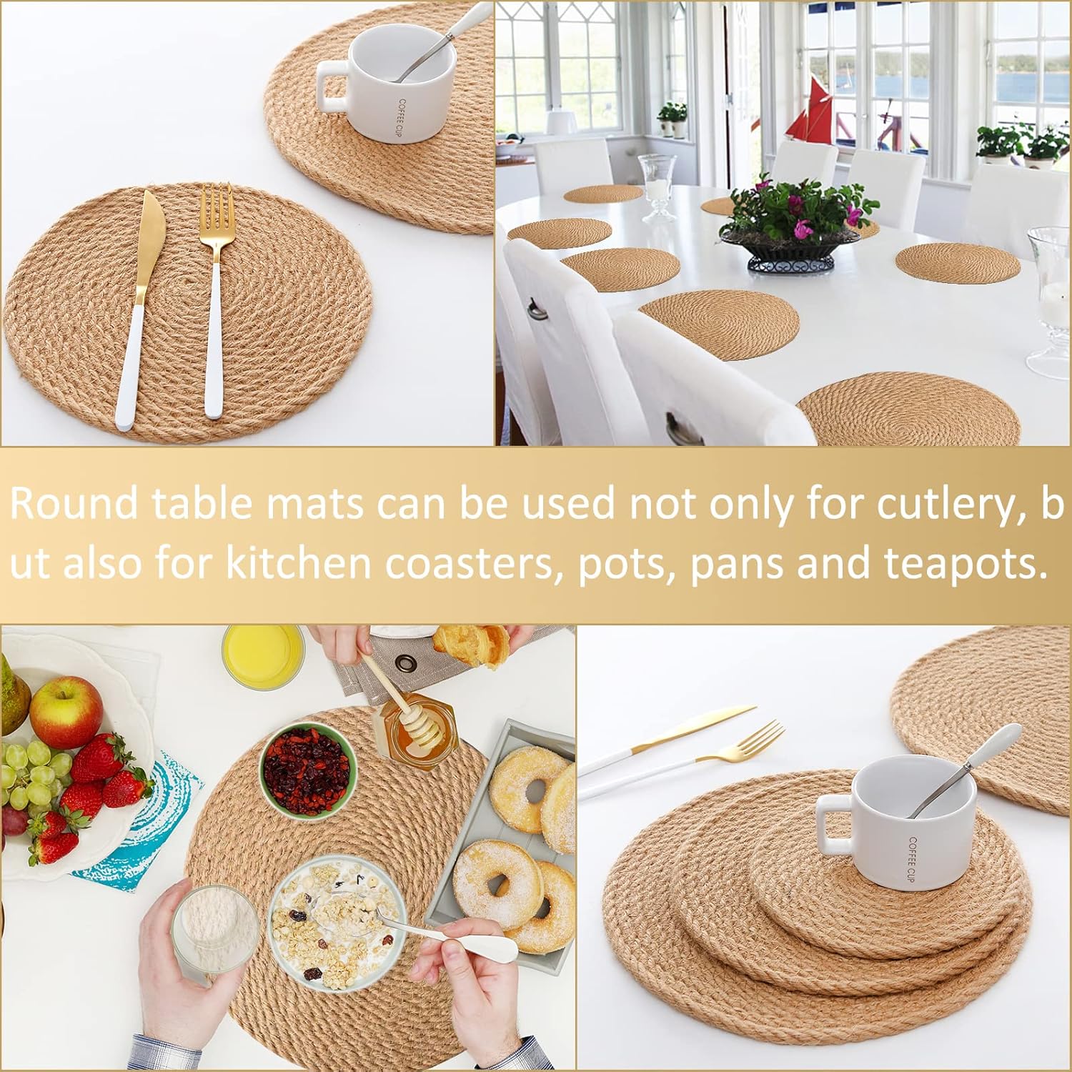 Round Woven Placemats Set of 4 Braided Placemats Washable Natural Jute Round Table Mats 14 inches Brown