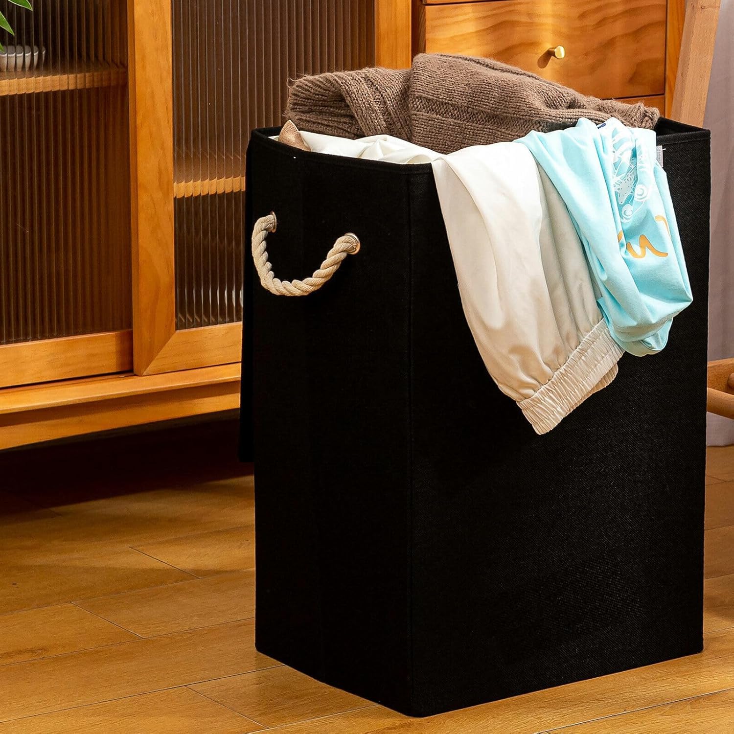 M.J COMFY-LIFE 72L Laundry Basket with Lid - Foldable Collapsible Hamper Tall Freestanding Clothes Bin for Bedroom, Bathroom Laundry Room Space-Saving Design (BLACK) — image 1