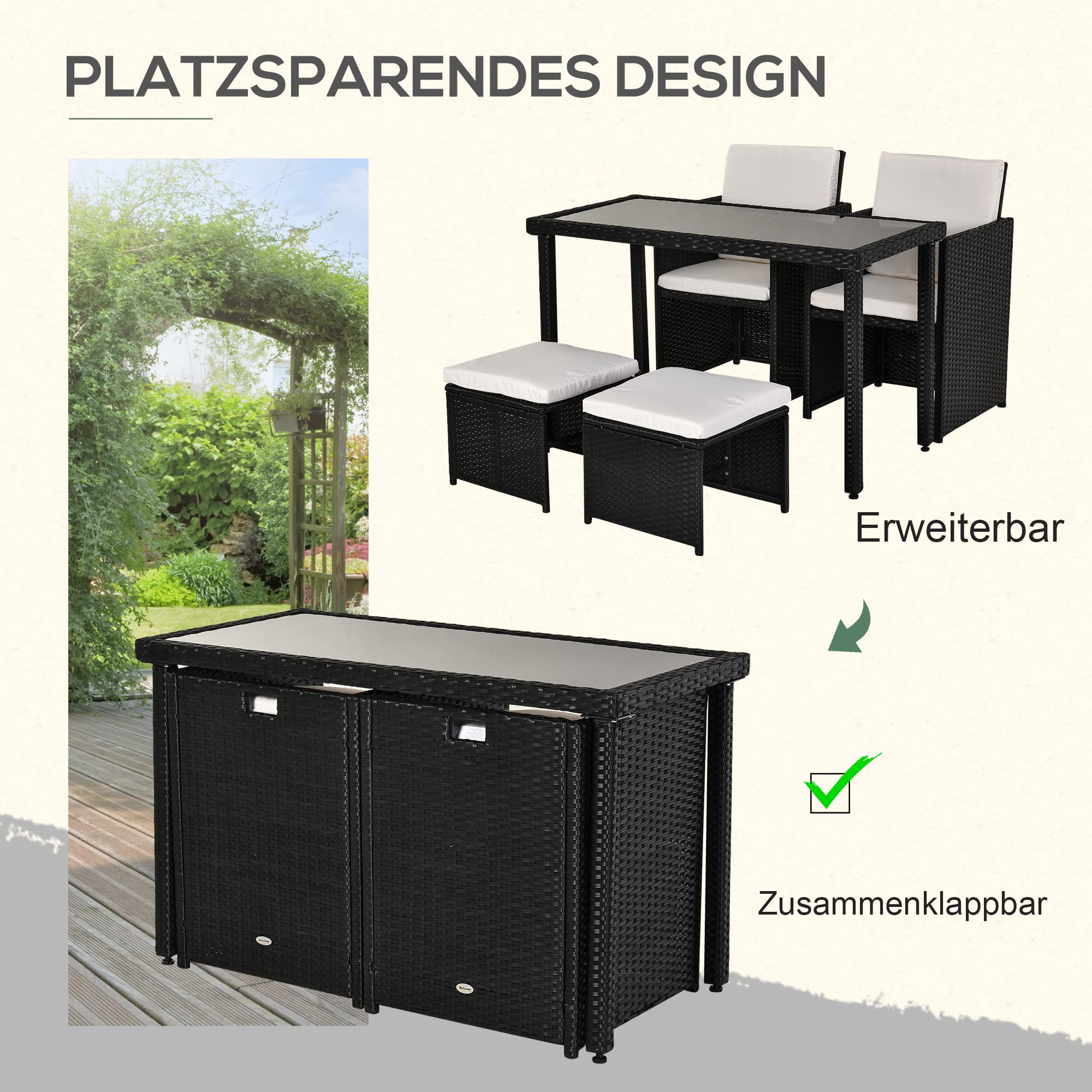 Outsunny Polyrattan Sitzgruppe Essgruppe Gartenset Garnitur 11 tlg. mit Kissen Schwarz