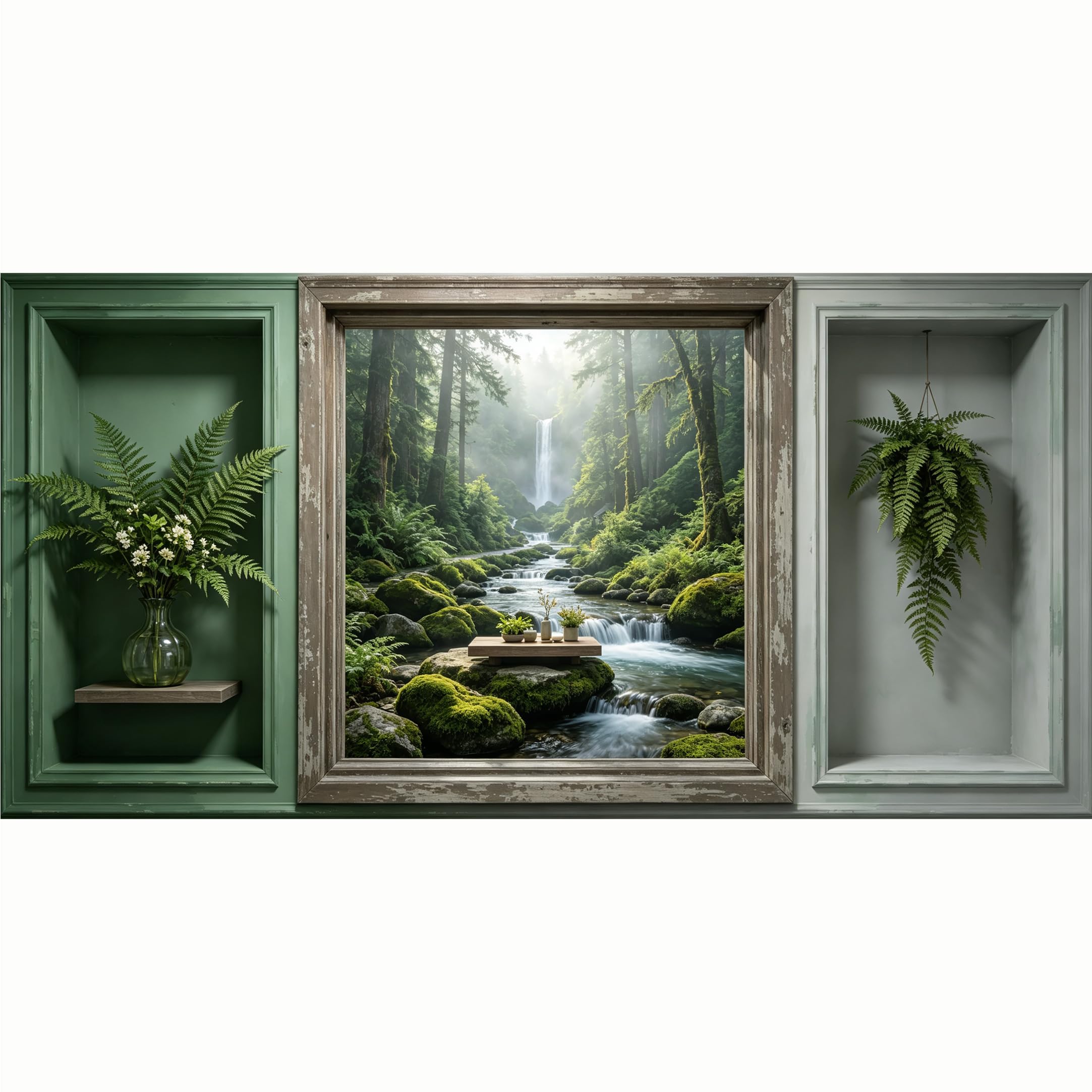 QZLITHOTIC 50x100cm 3D Framed Wall Art， Misty Forest Waterfall Landscape 3D Trompe l'oeil Self‑Adhesive Mural， Water‑Activated Peel & Stick Fabric Decor Wall Decal for Bedroom Living Room