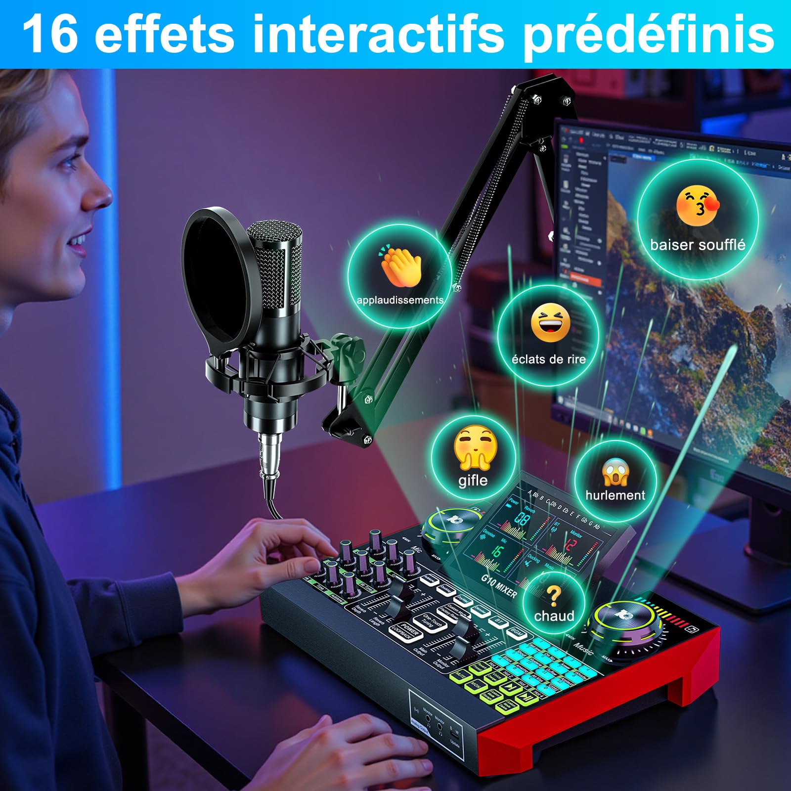 TENLAMP Kit Podcast avec Microphone Condensateur 3,5 mm et Table de Mixage Audio, Équipement Streaming avec Changeur de Voix, Réduction du Bruit pour Streaming, Gaming, Chant et Création de Contenu
