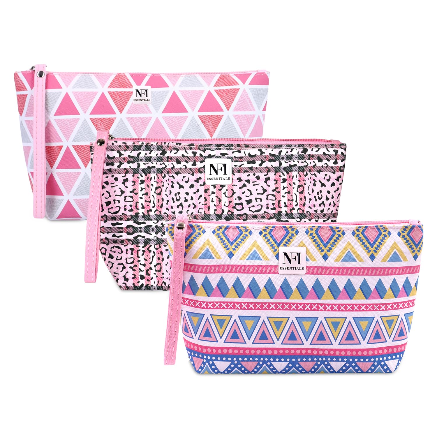 NFI essentialsPU Geometric Print Makeup Pouches for Women Stylish Pouch for Makeup Accessories Travel Pouch Cosmetic Pouches Toiletry Bag for Women Make up Pouch for Girls, Multicolor, 25x14.5x7.5cm,