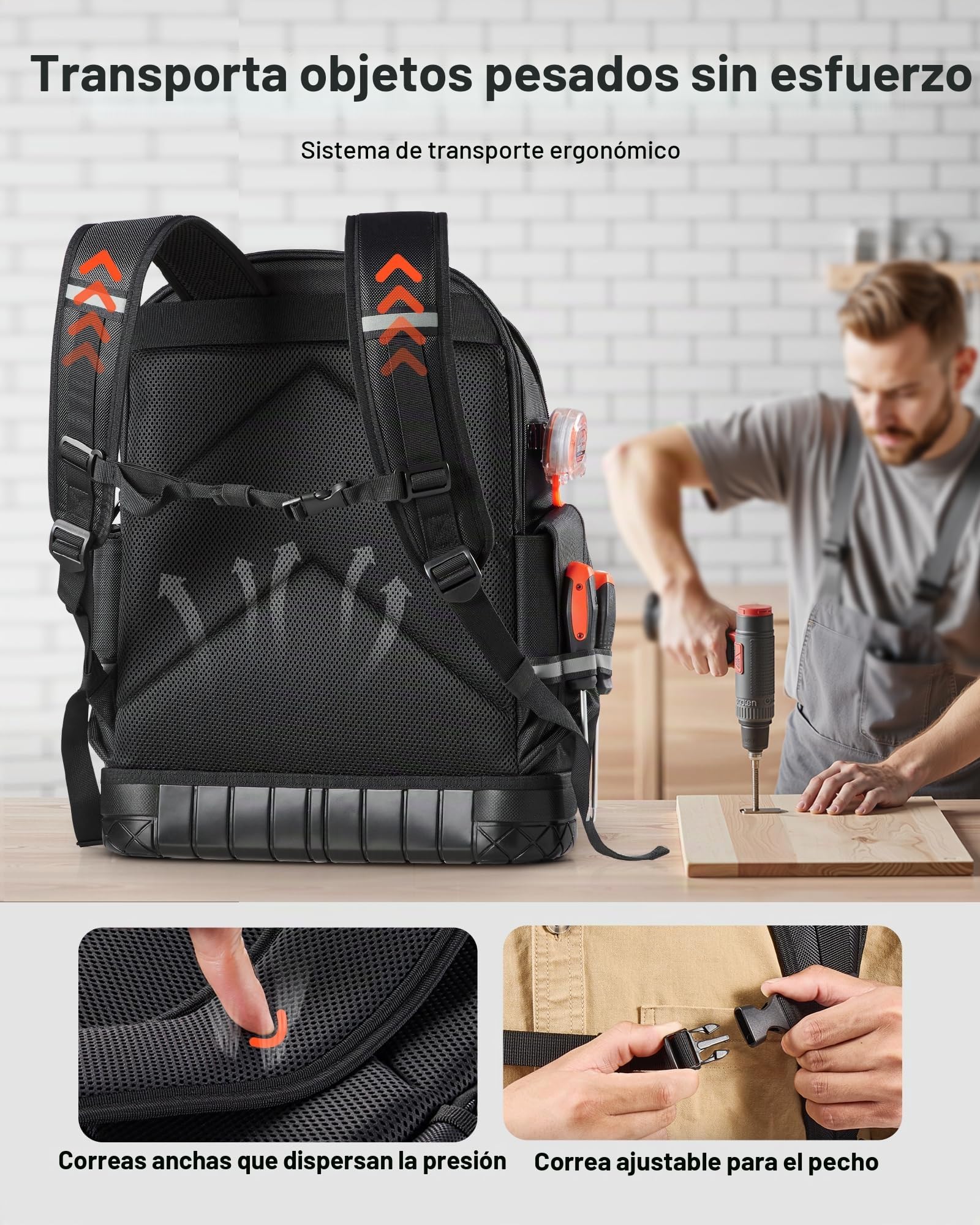 VEVOR Mochila para Herramientas, Mochila de Trabajo 365 x 195 x 470 mm con 64 Bolsillos, Compartimento para Portátil y Base Moldeada, Organizador de Herramientas para Electricistas, Reparadores