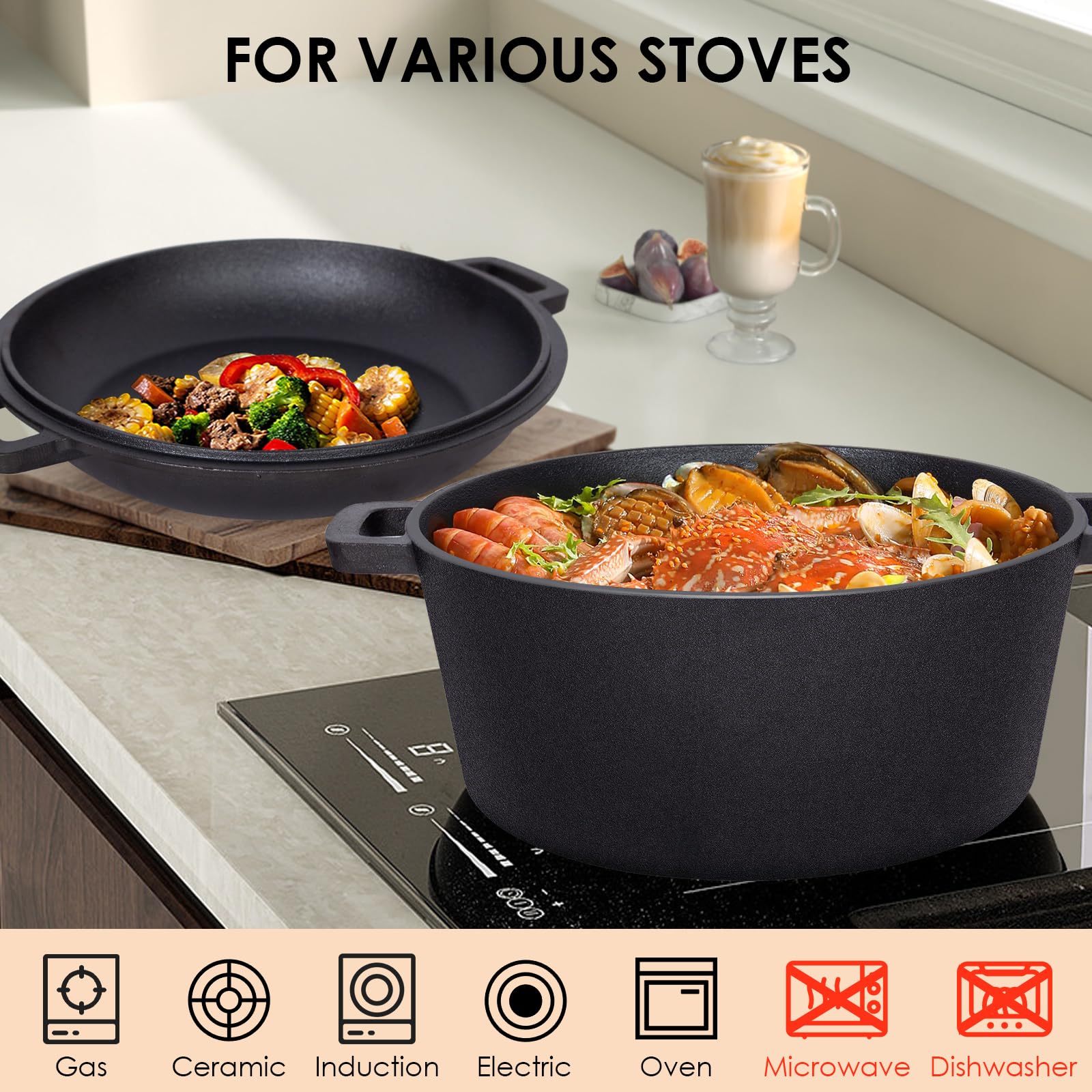 Todeco 2 en 1 Marmite en Fonte avec couvercle de poêle, 5L Dual Function Casserole en fonte avec recette pour cuisine, Pré-assaisonné, pour cuisine, camping, barbecue, rôtir ou braiser