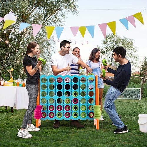 Miniatura 8 de HONEY JOY Juego gigante gigante de 4 a punta, juegos gigantes para patio al aire libre para la familia, 42 anillos jumbo y deslizador de liberación