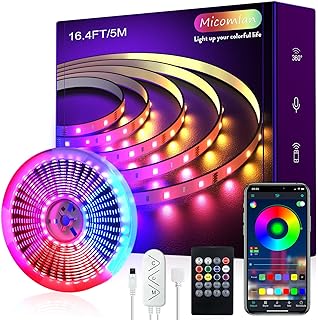 16ft/5M Led Strip Lights, Controller and Bluetooth APP Controlled Lights for Bedroom Home Decoration，Music Sync Color Changing RGB LED Lights with Remote Indoor