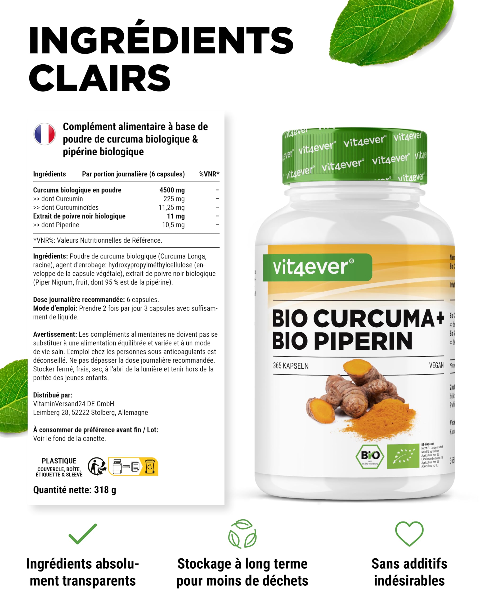 vit4ever Curcuma Bio au Poivre Noir - 365 capsules - 4511 mg de Curcuma Bio (Curcuma) par Dose Journalière - avec Curcumine & Pipérine - Qualité 100% Bio - Fortement Dosé - Végétalien