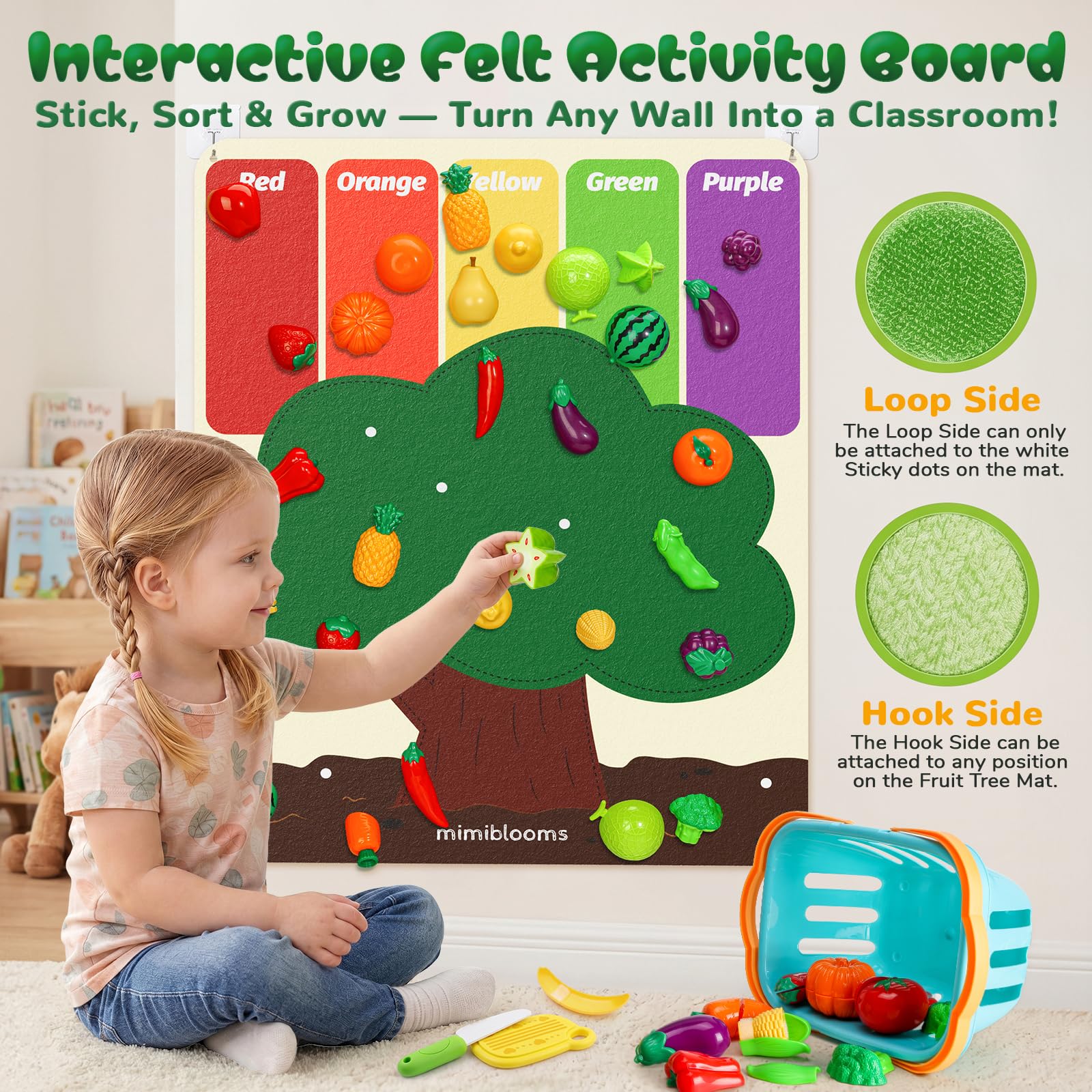 SOCBTNSO Essens-Set mit Filz-Baummatte und Aufbewahrungskorb: Küchenzubehör, Spielzeug, Obst und Gemüse, sensorisches Spielzeug, Montessori-Farbsortierung, Geschenk für 3, 4, 5, 6 Jahre, Kleinkinder