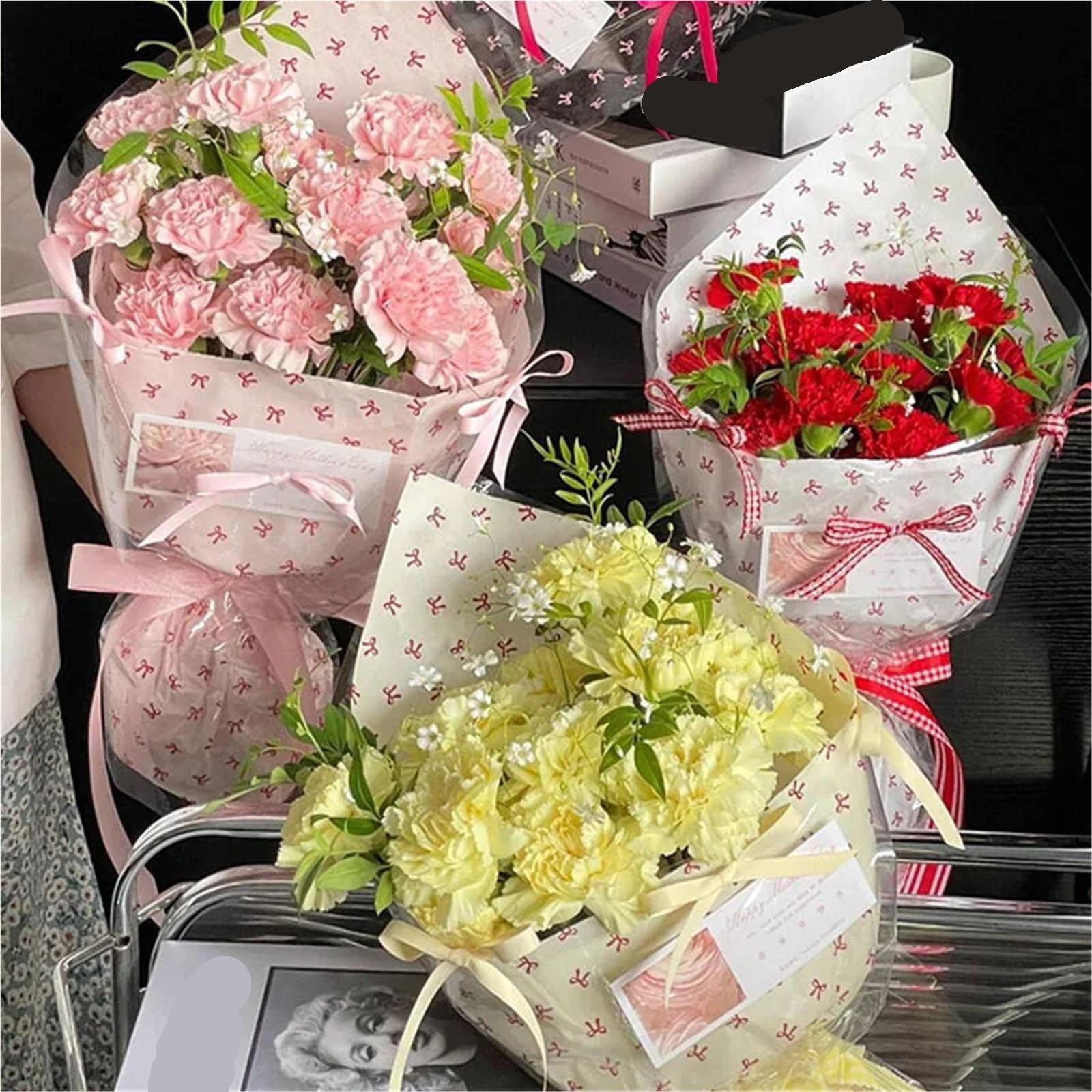 Carta Velina Carta di cotone impastata a mano | Confezione da 20 bouquet da confezionare fiori fai da te con fiocco rosa bowknot 50x70 cm(B bow)