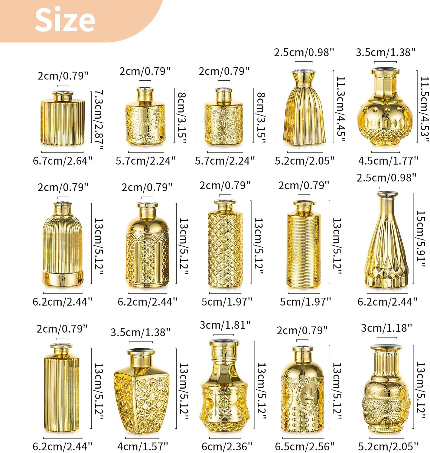 NUPTIO Bud Vases Bulk Gold: 30 Pcs Glass Small Vase Set for Flowers - Mini Vintage Flower Bottle Single Assorted Vases for Wedding Centerpieces