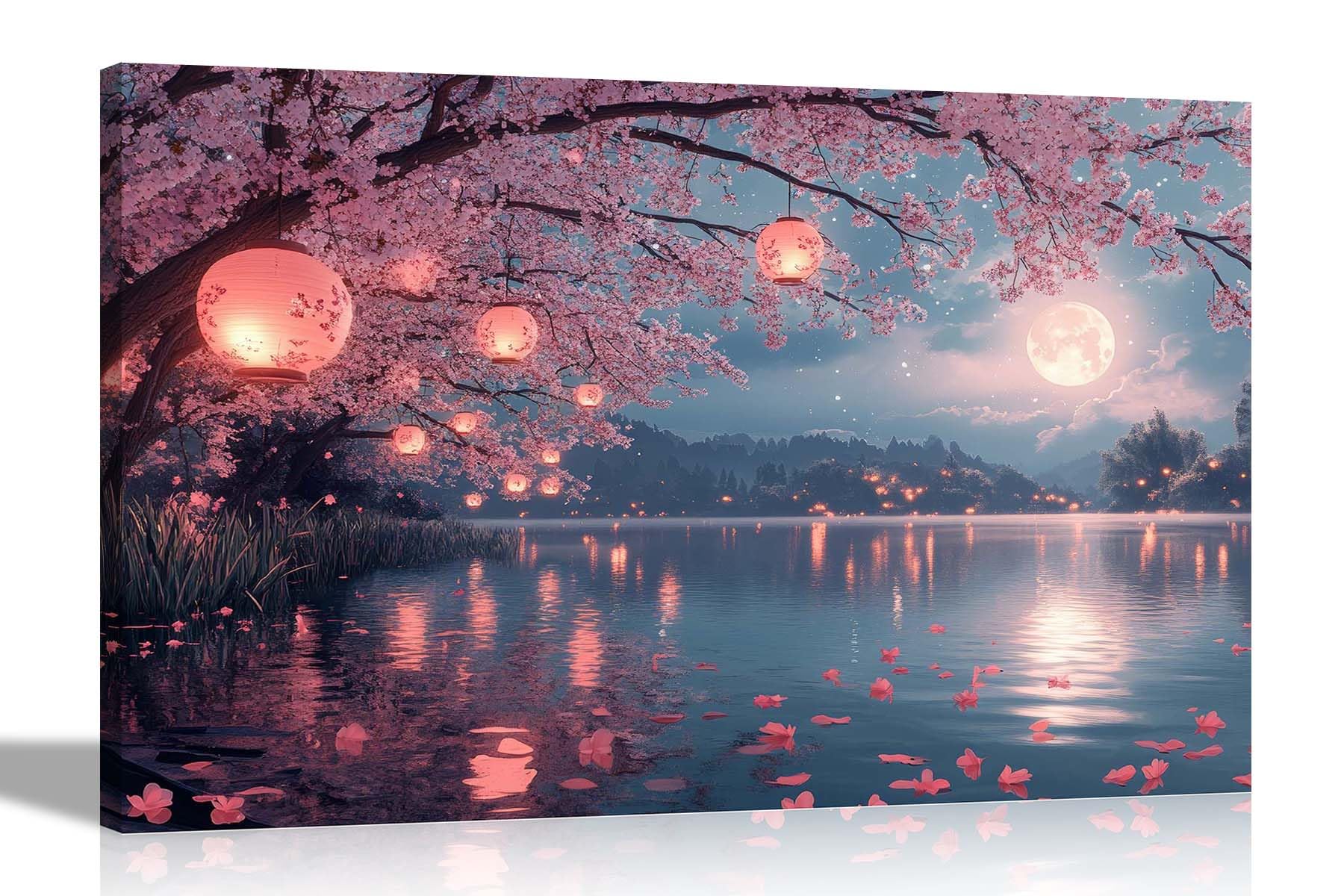 Artley Prints Lantern Japanese Lake - Japanese Landscape Full Moon Lanterns On Trees Canvas Prints Framed Wall Art Scenery Pictures Ready To Hang Large 86 X 61Cm (34 X 24 Inches) A1