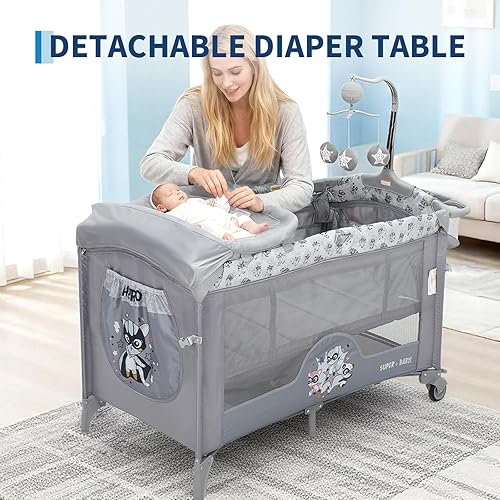 Miniatura 9 de Moisés de bebé 4 en 1 portátil para dormir junto a la cama con cambiador, ruedas de bloqueo, puerta con cremallera, almacenamiento y barra de