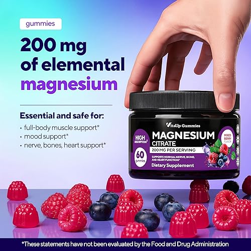 Miniatura 4 de Gomitas de citrato de magnesio de 200 mg – Gomitas de magnesio de alta absorción para mujeres y hombres – Suplemento masticable para adultos para