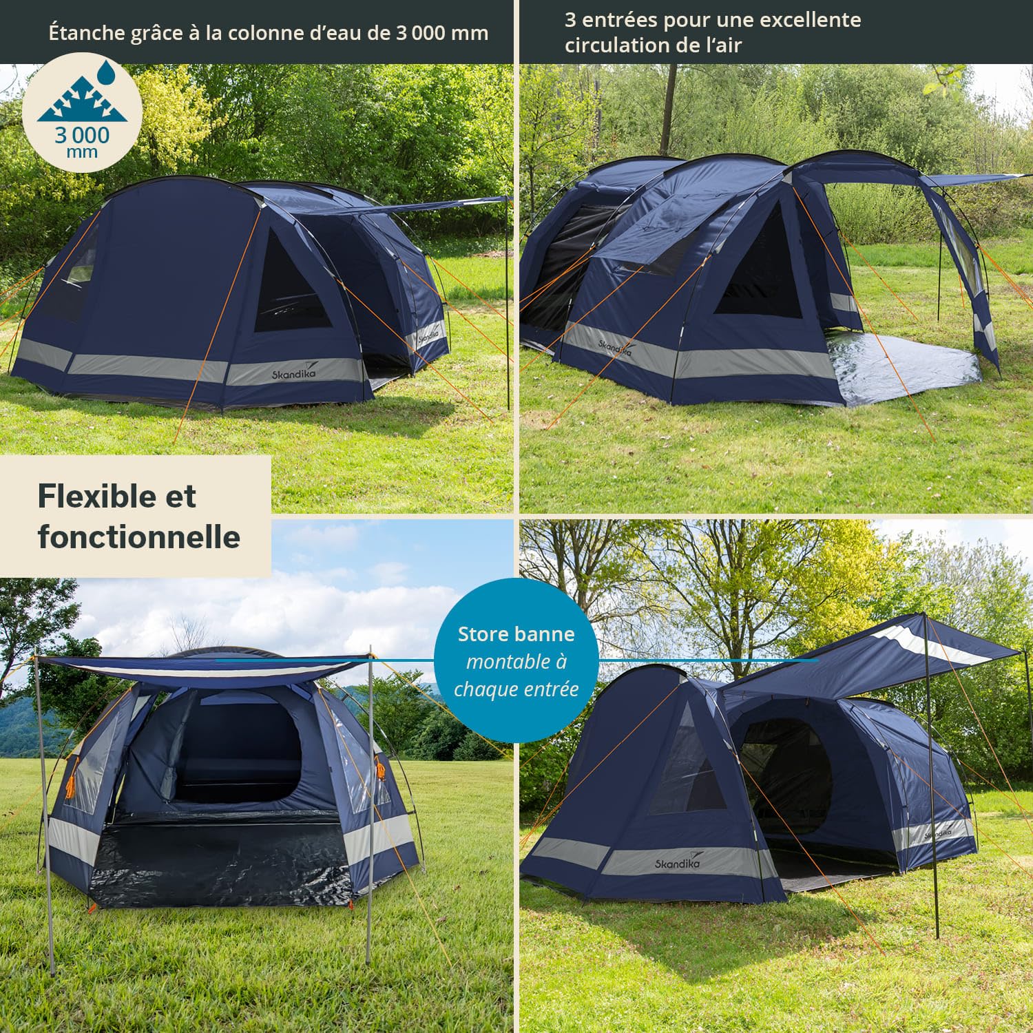 Skandika Kambo Tente Tunnel pour 4 Personnes | Cabine Sombre avec revêtement argenté, Colonne d'eau de 3000 mm, 3 entrées, Store banne, avancée, avec Tapis de Sol | Tente de Camping