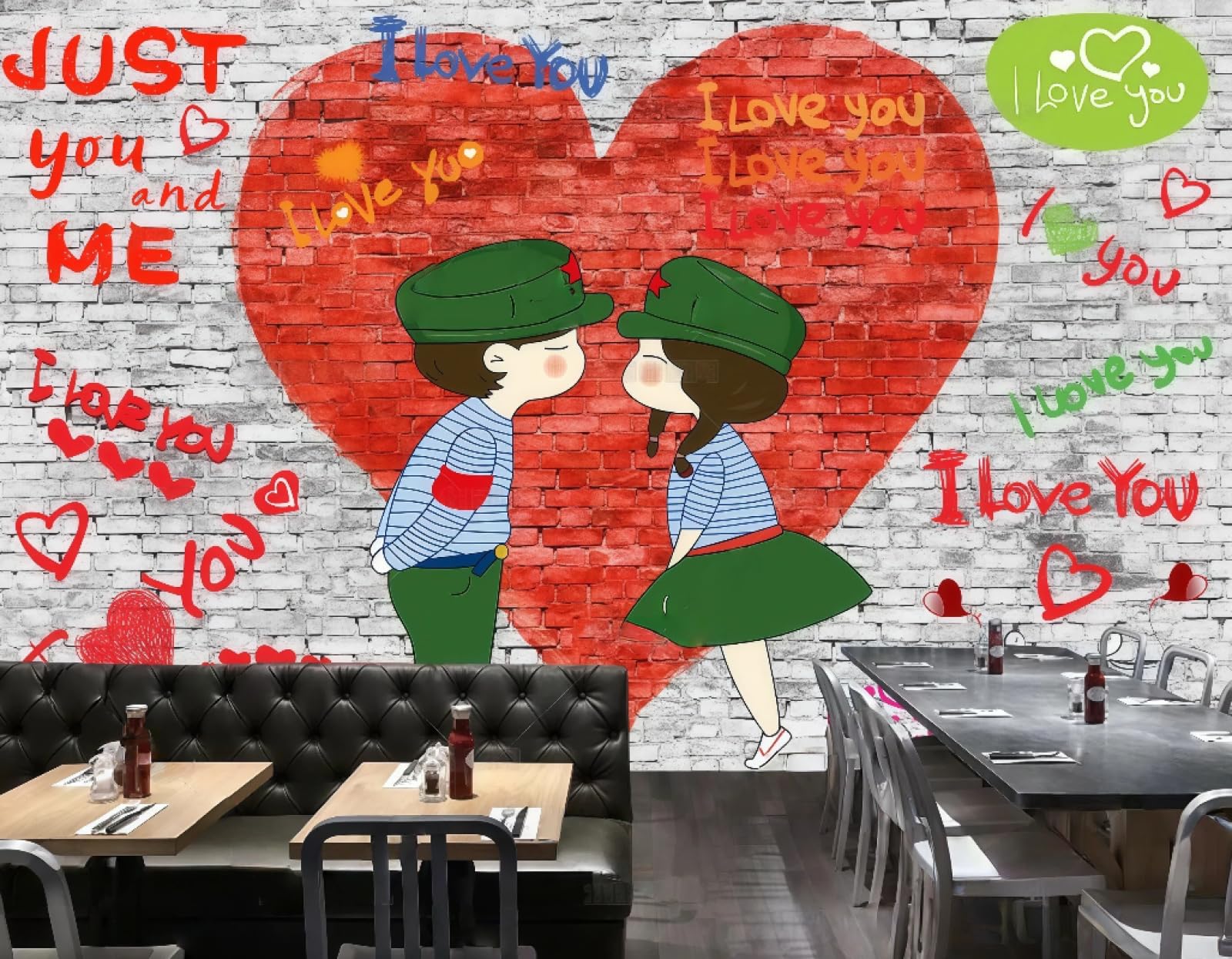 Xdoubao 3D Wallpaper Retro Hand-Painted Red Romantic Graffiti Love-Shaped Brick Wall Dessert Coffee Shop Background Mural Western Restaurant Wallpaper,,300X210cm