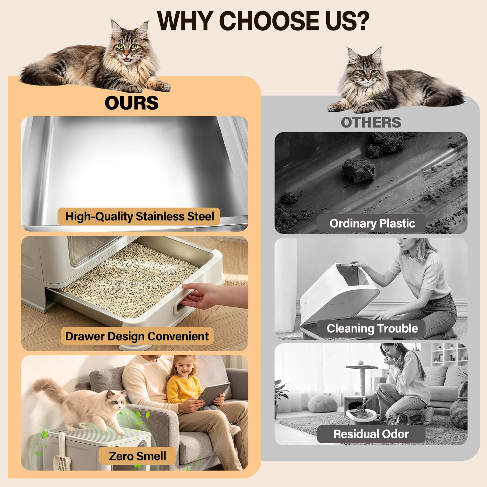 XL Arenero Gato Cubierto de Acero Inoxidable con Diseño de Cajón Cerrado | Doble Control Olores, Resistente Arañazos, Prueba Fugas, Revestimiento Antiadherente, Fácil de Limpiar, para Gatos Interior