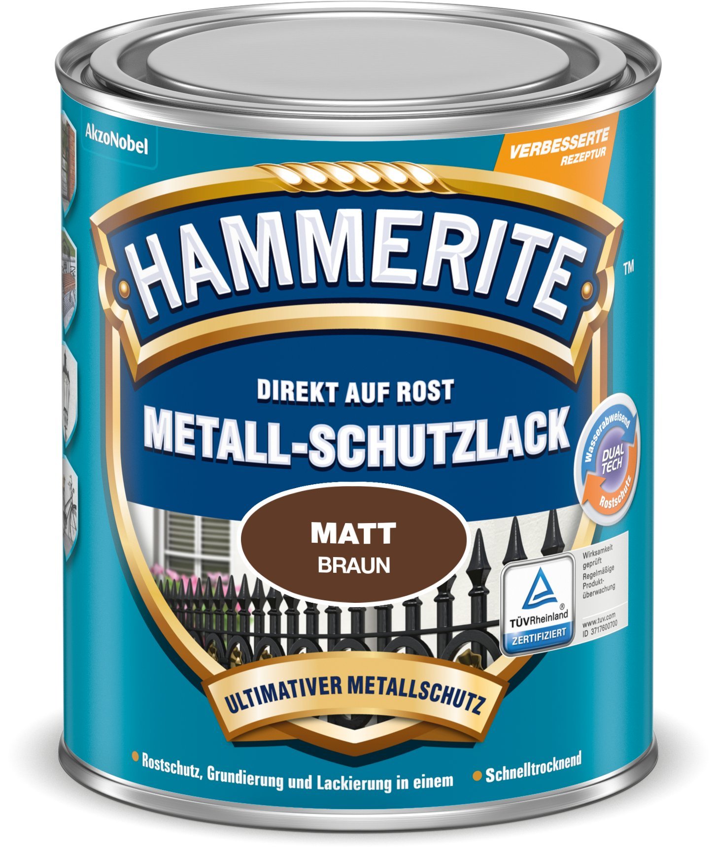 Hammerite Metallschutzlack Matt, 3in1- Rostschutz, Braun, 750 ml