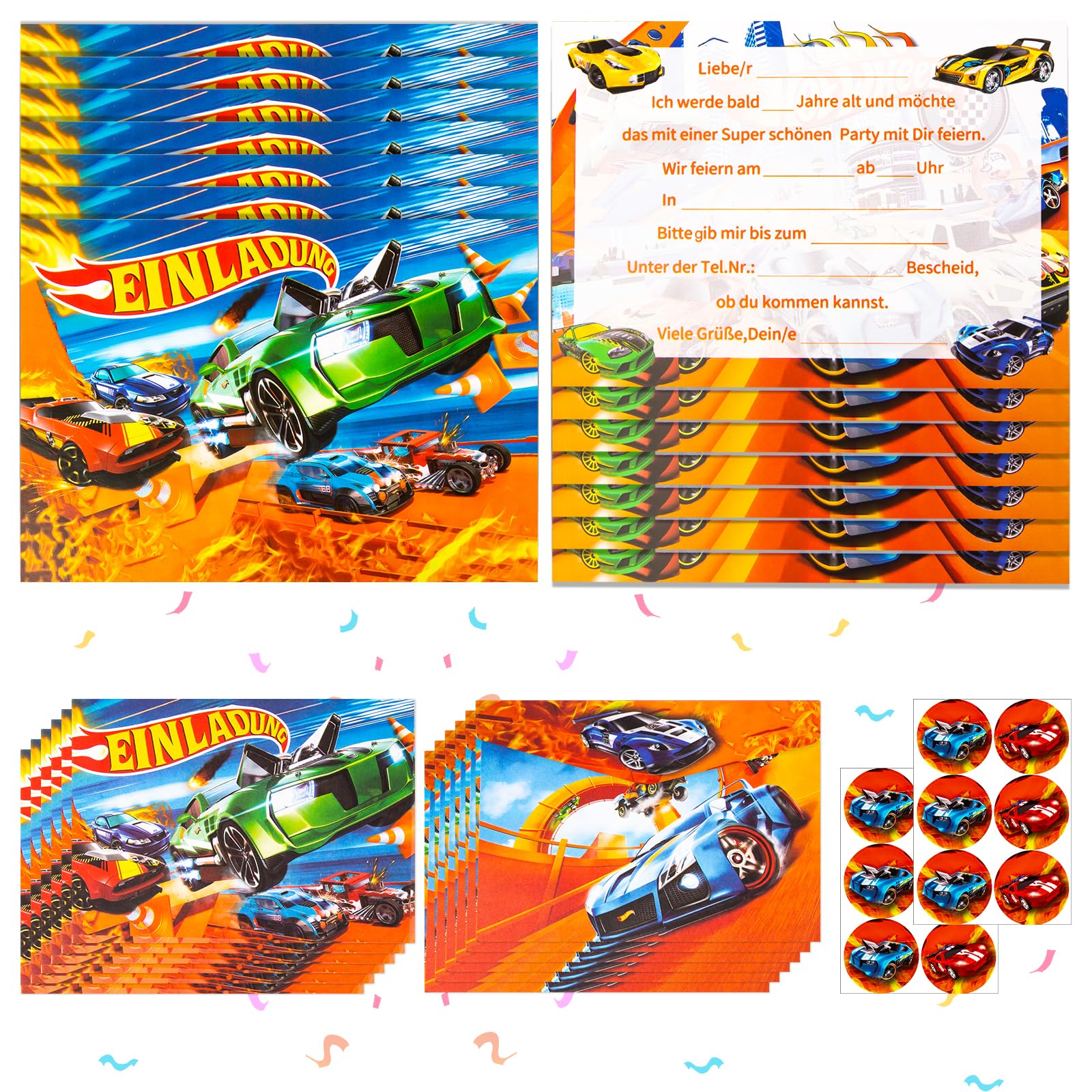 yumcute 12x Einladungskarten Auto Kindergeburtstag mit Umschlag,Car Aufklebern Geburtstagsparty Einladungen, Rennwagen Themed Truck Party Einladung kindergeburtstag Jungs Mädchen