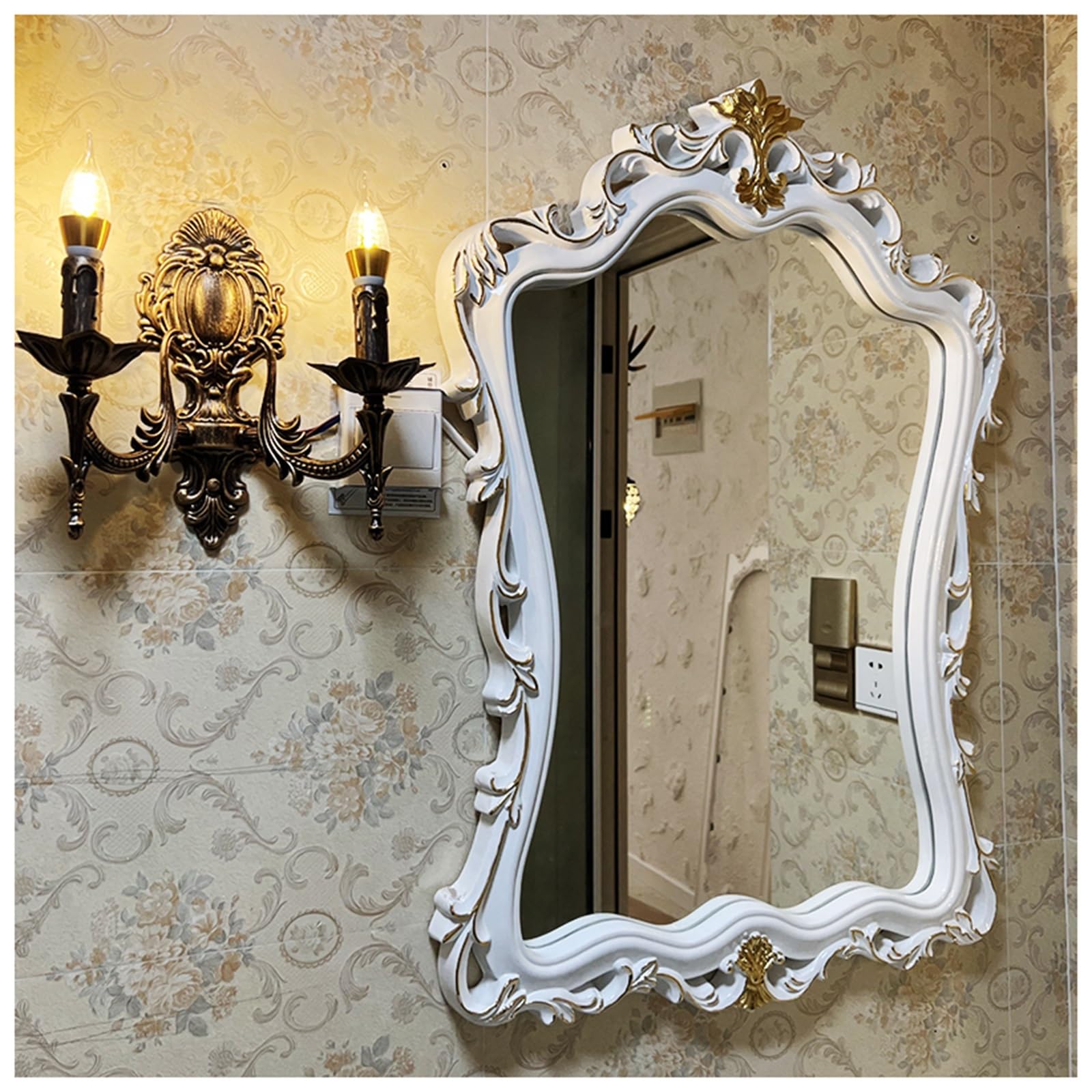 Fitlin Retro Wall Mounted Bathroom MirrorCarved Design for Bedroom Living Room & EntranceDecorative Vanity Mirror(A - White,95 * 78cm/37.4 * 30.7in)