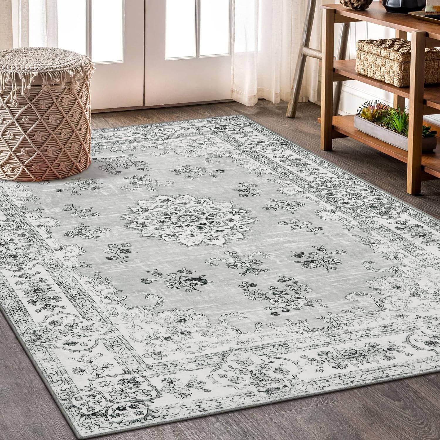 Lahome Boho Floral Area Rug 5x7 Large Grey Rugs for
