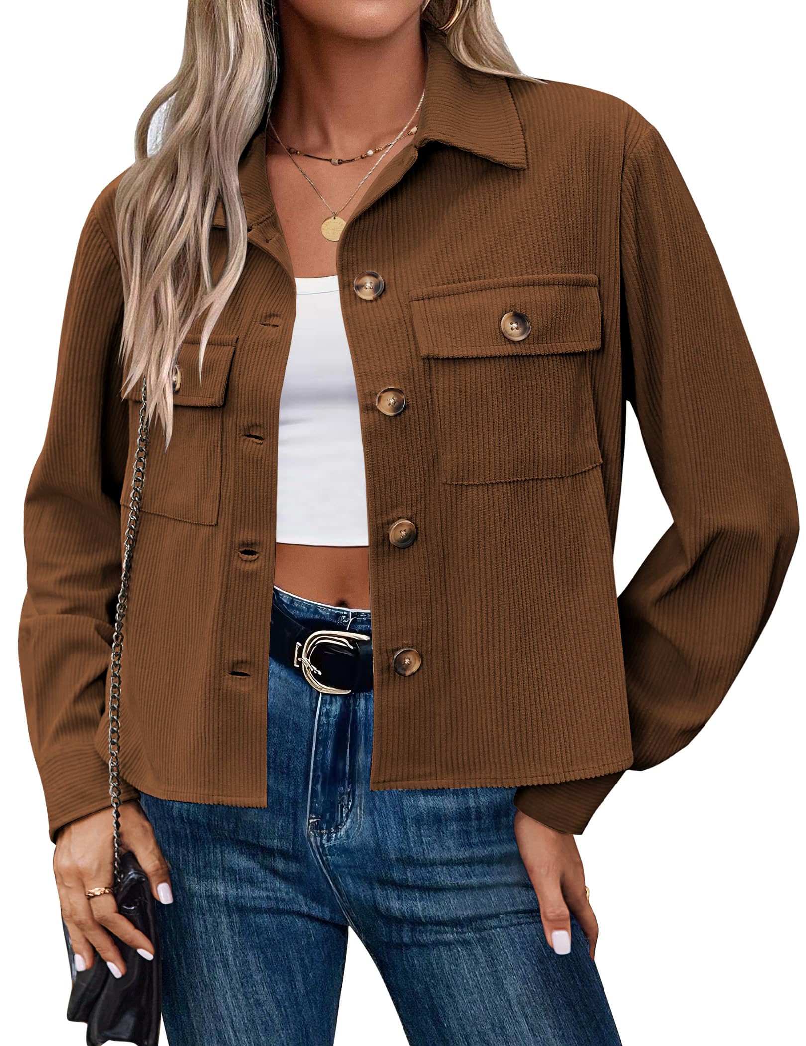Hotouch Veste Femme Mi Saison Blouson en Velours Côtelé Bombers Décontracté Veste Courte Chic Button Down Jacket avec Poches