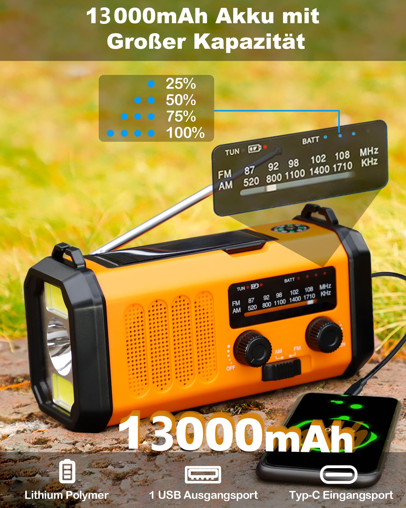 48100mWh/13000mAh Solarne Radio Awaryjne z Korbą Ręczną, 4 Kierunkowy Przenośny Akumulator AM FM Radio,ładowarka do Telefonu,Latarka i Lampka do Czytania,SOS,Kompas dla Przetrwanie Czarnout Kempingowy