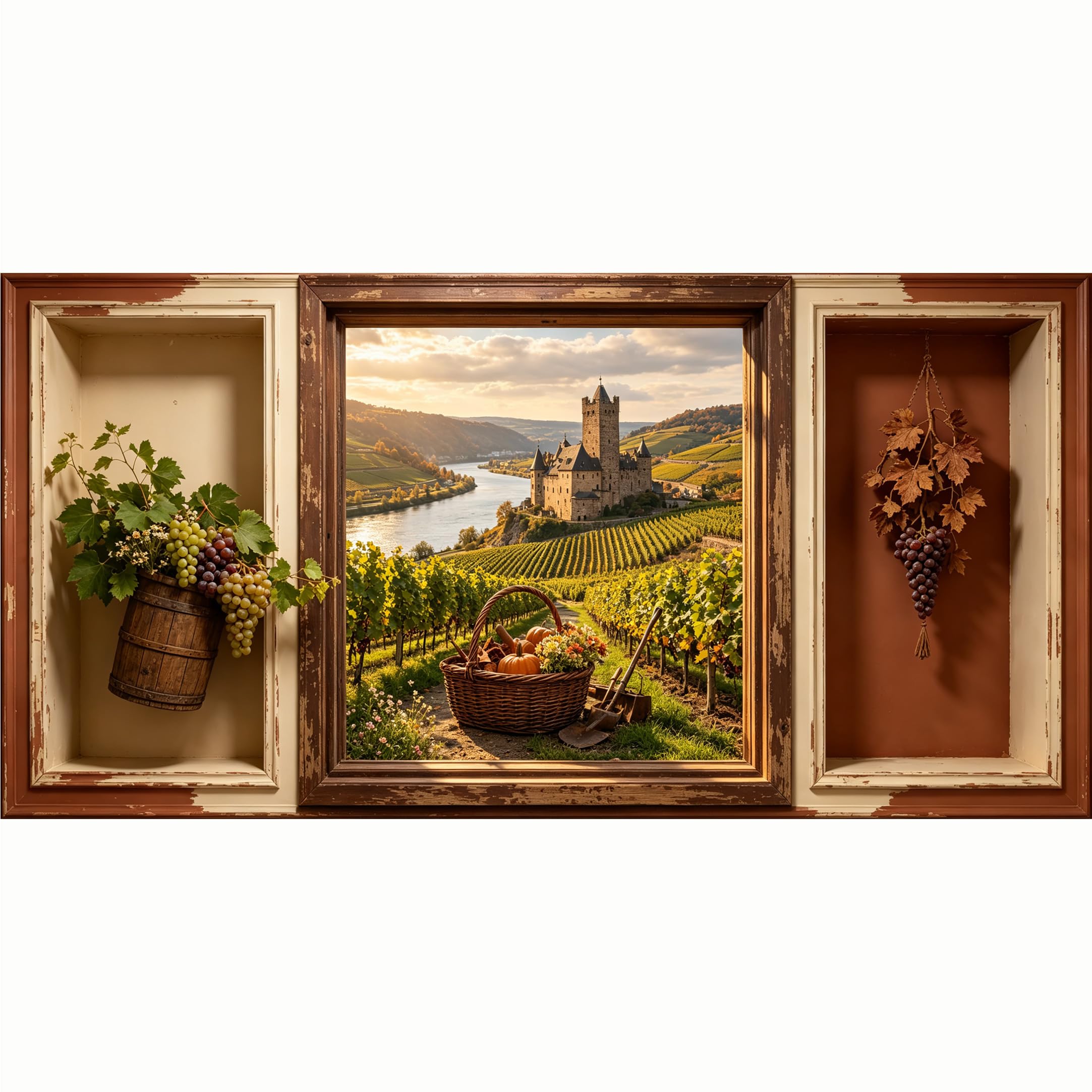 QZLITHOTIC 50x100cm 3D Framed Wall Art， European Castle Vineyard Landscape Harvest Basket Self‑Adhesive Mural， Water‑Activated Peel & Stick Fabric Decor Wall Decal for Bedroom Living Room